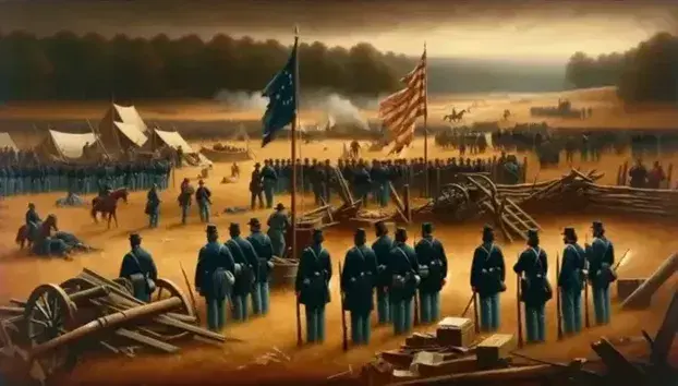 Union soldiers in blue uniforms ready for combat with worn flag, battle remnants in the background and camp near a forest at sunset.