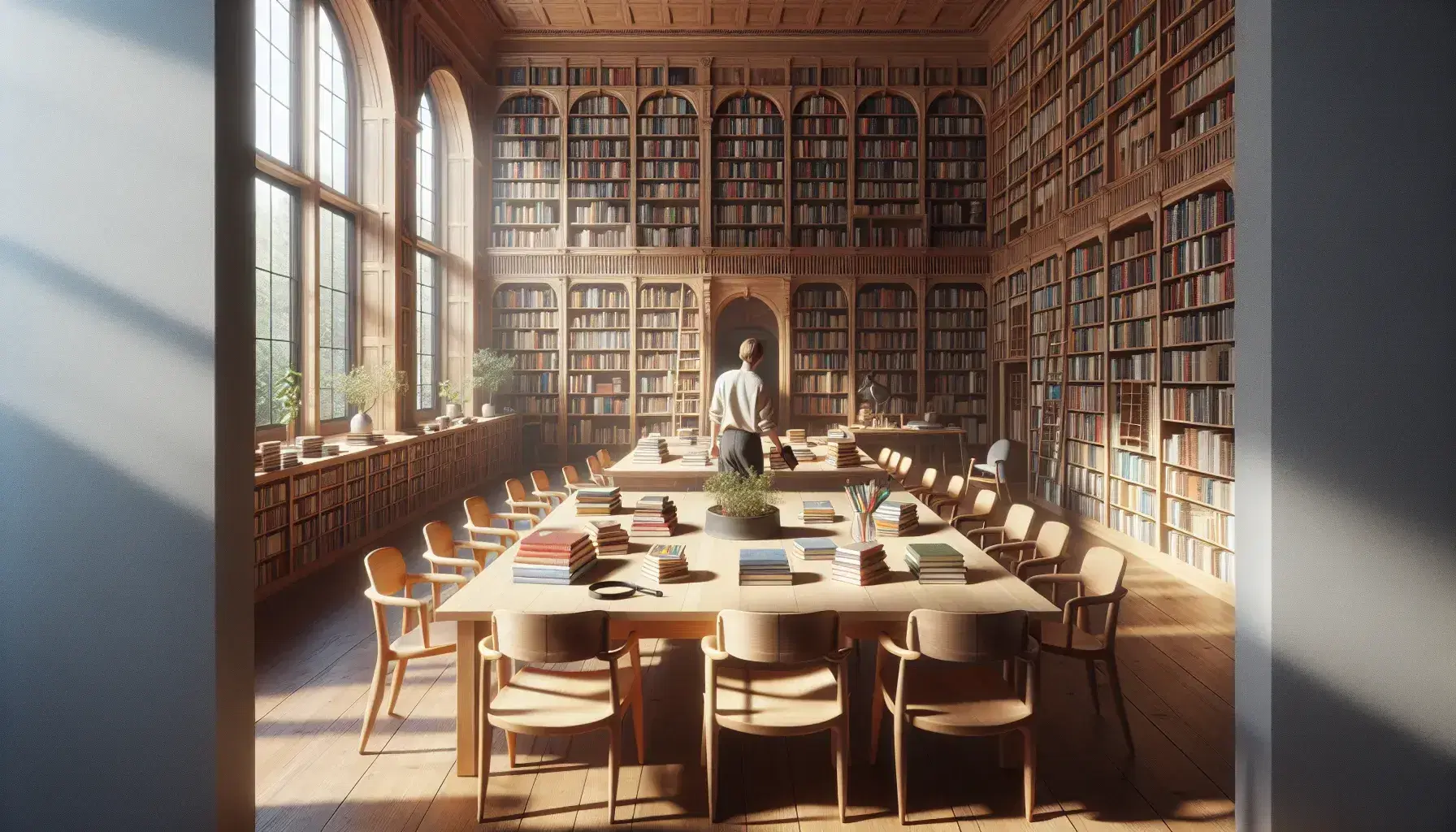 Biblioteca luminosa con estanterías de madera llenas de libros, mesa central con libros abiertos y lupa, ventana grande y persona seleccionando un libro.