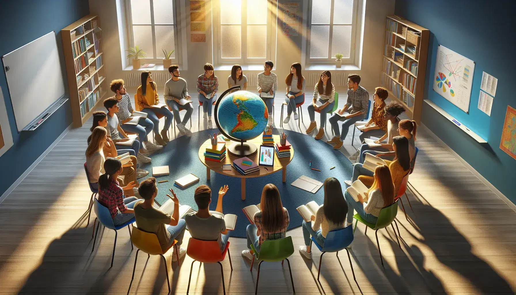 Studenti di diverse etnie seduti in cerchio su sedie colorate in aula luminosa discutono attivamente con fogli e penne, circondati da un globo e un tablet acceso.