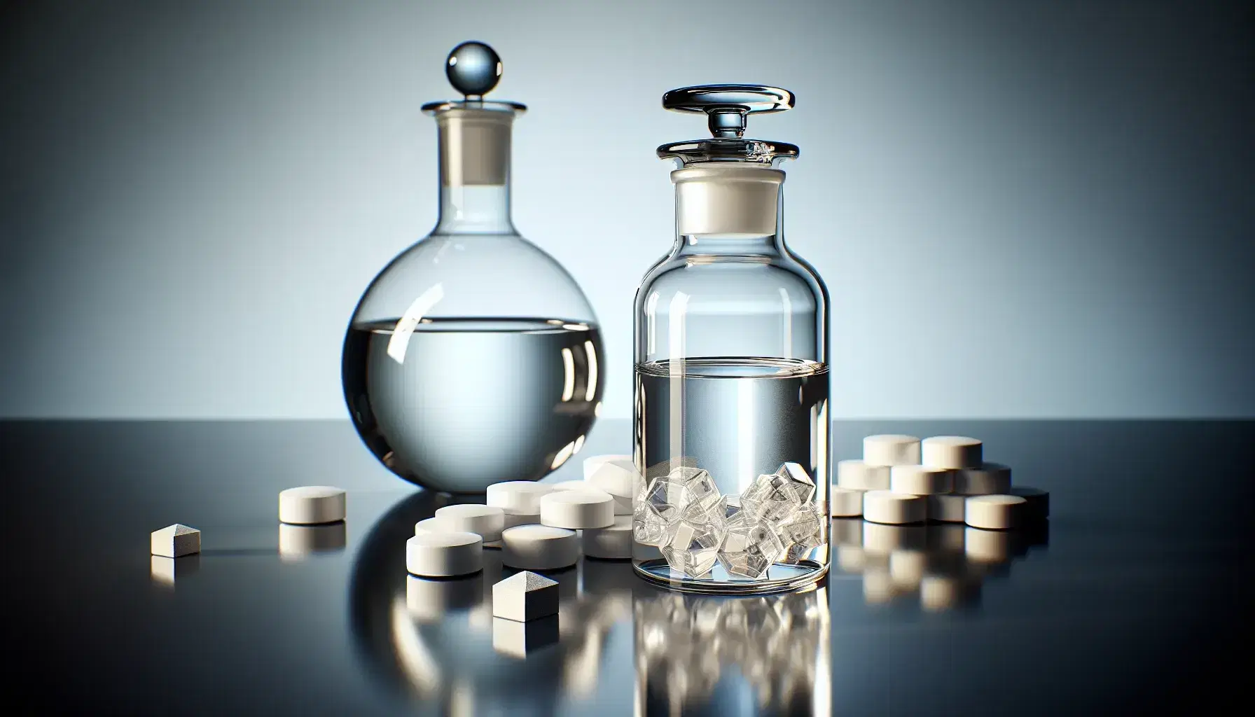 Glass vial with transparent liquid and white crystalline substance at the bottom, on a reflective surface with bottle and white hexagonal tablets.