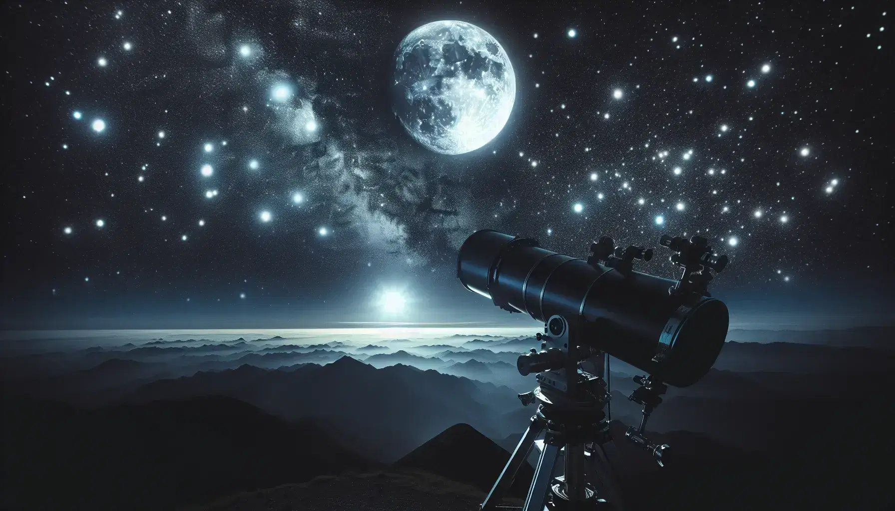 Vista notturna del cielo stellato con luna piena e dettagli lunari sopra silhouette di montagne, telescopio astronomico in primo piano.