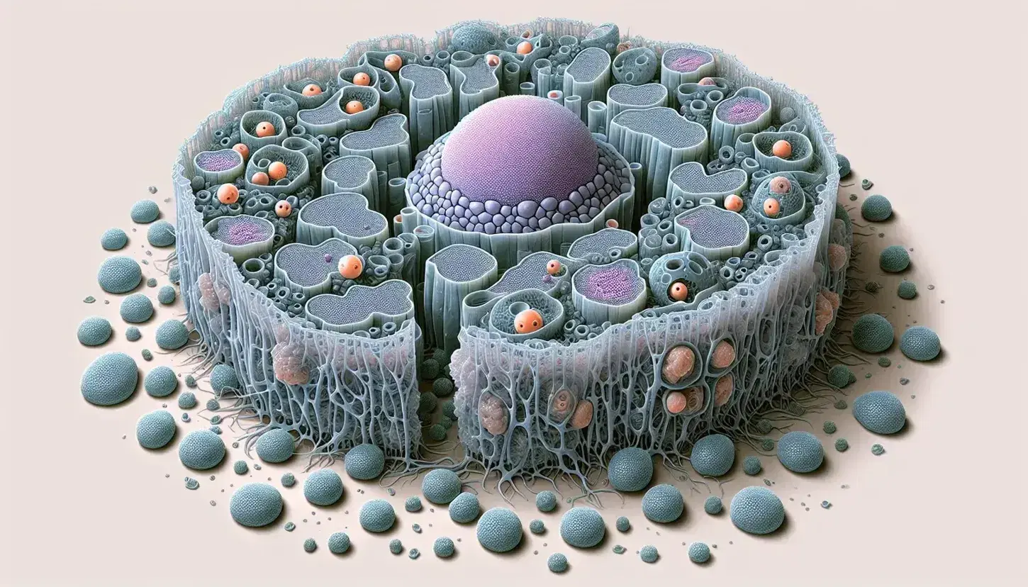 Vista microscópica de célula eucariota con núcleo púrpura, retículo endoplásmico, vesículas y membrana plasmática detallada.
