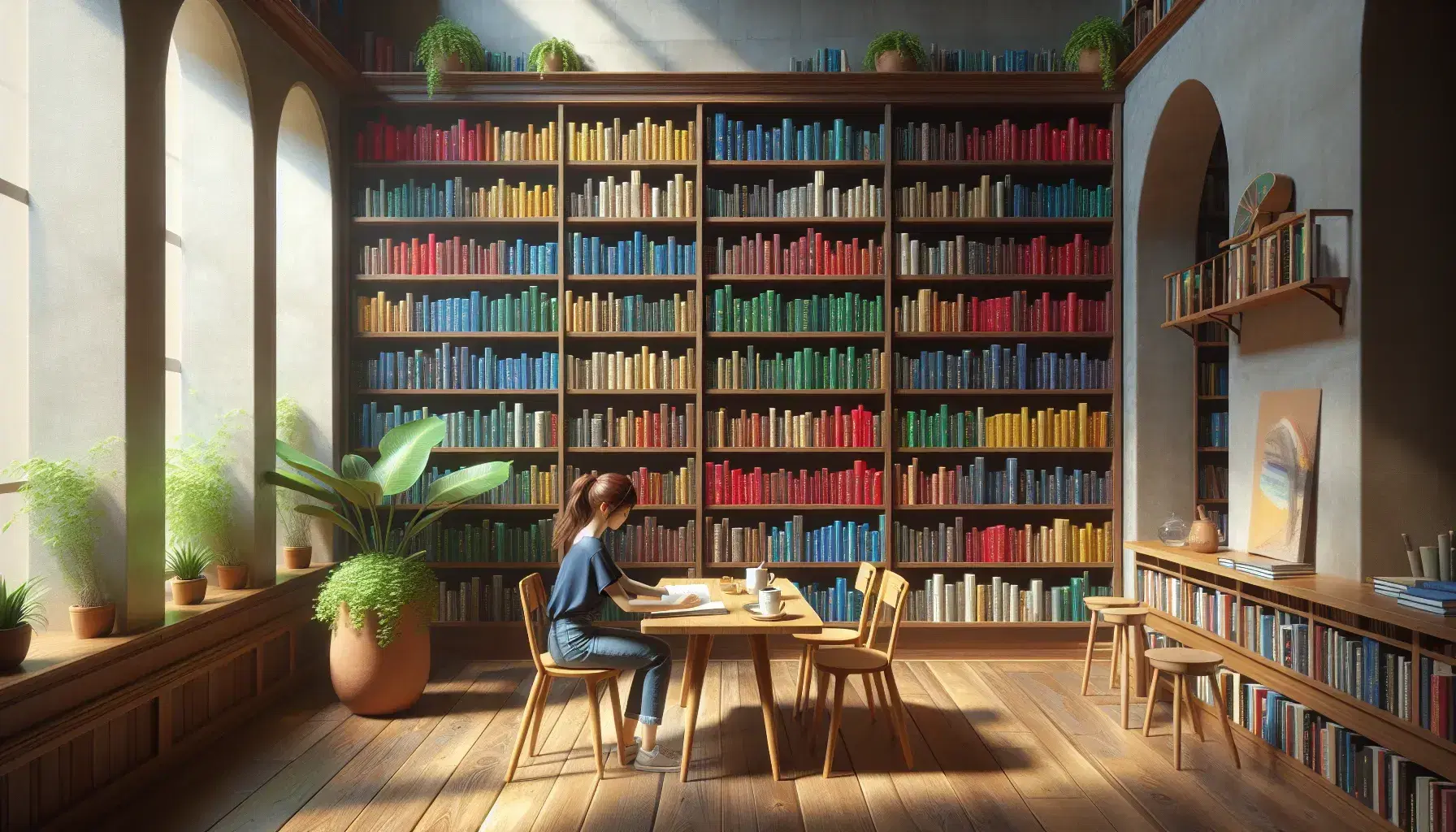 Scena tranquilla in biblioteca con scaffali pieni di libri colorati, ragazza che legge, pianta verde, gatto arancione e luce naturale.