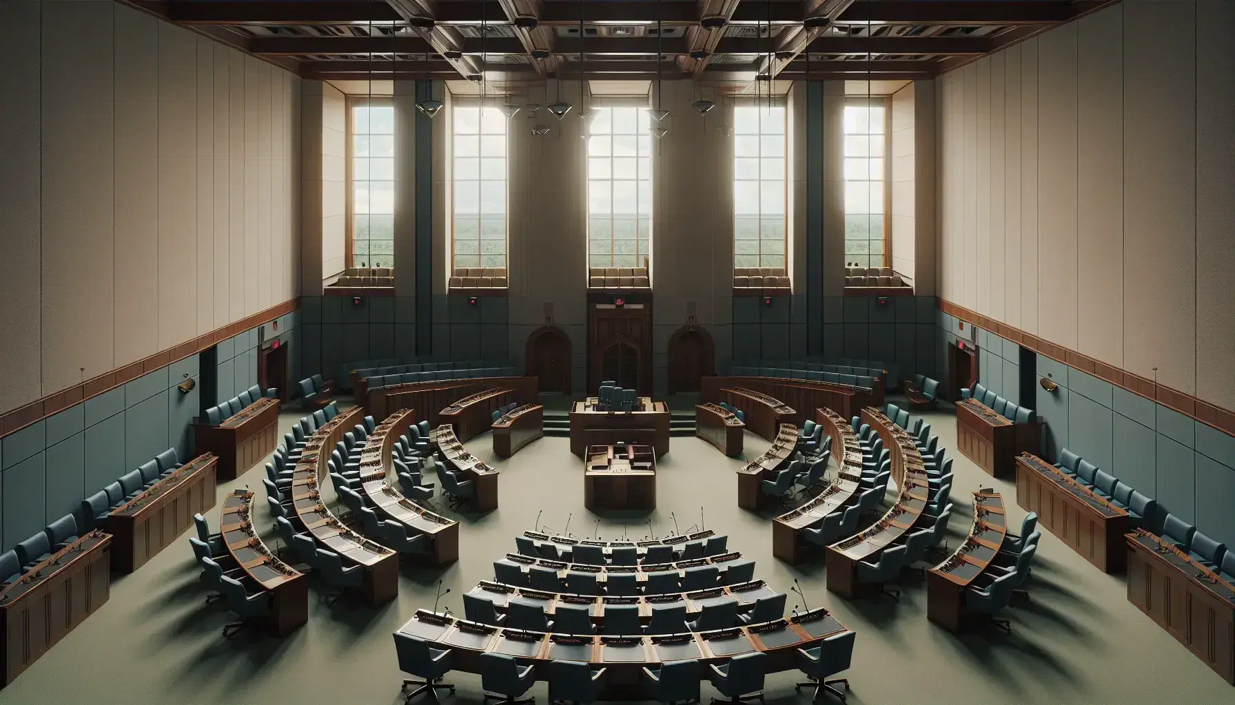 Aula vuota del parlamento con scrivanie semicircolari, sedili blu, podio centrale e finestre ampie che illuminano l'interno.