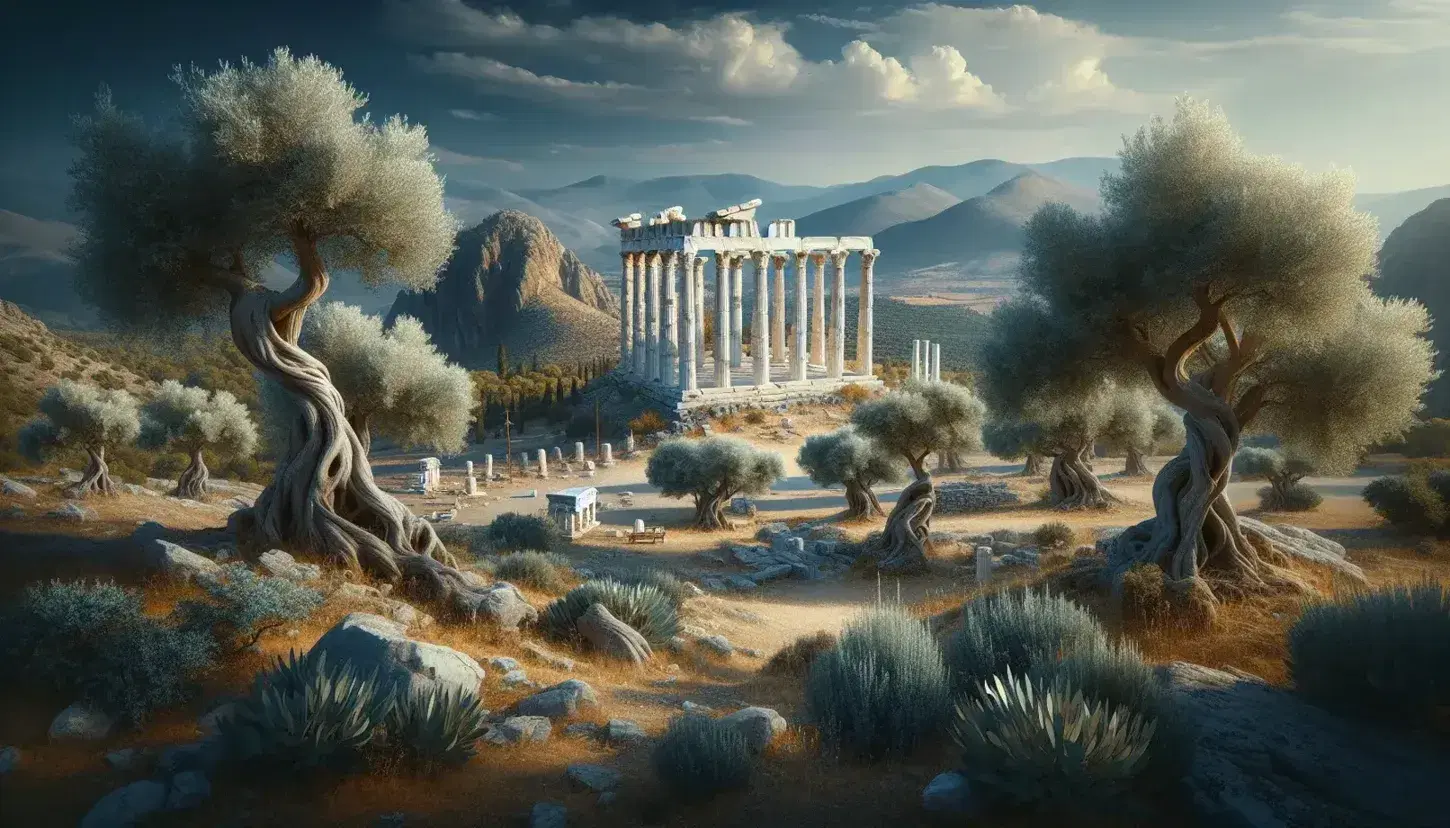 Panorama greco con rovine di tempio dorico, colonne marmoree erose, ulivi antichi e montagne sfumate in lontananza sotto cielo azzurro.