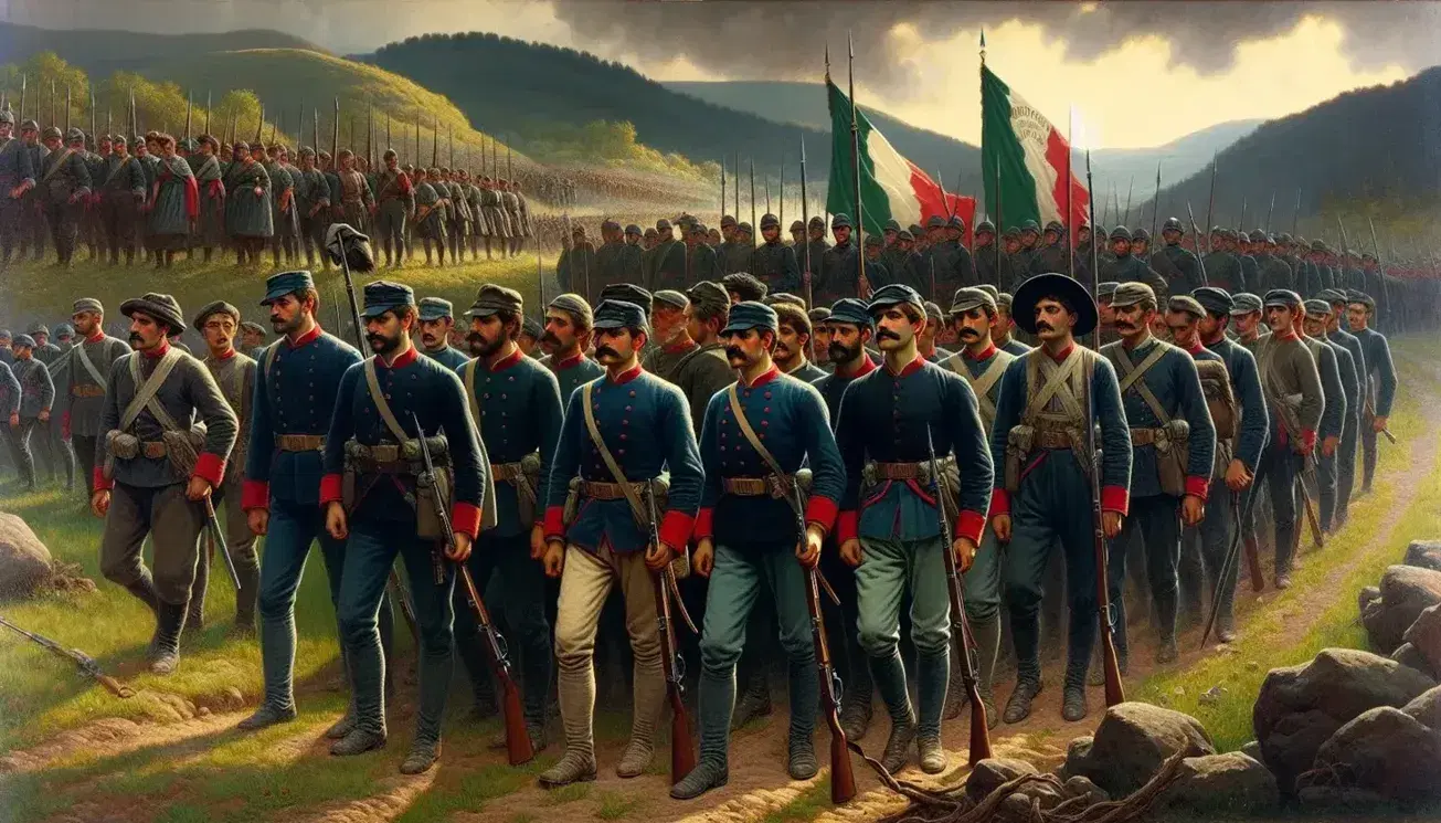 Gruppo di soldati in uniforme del Risorgimento con giacche blu, dettagli rossi e pantaloni chiari, alcuni con fucili e bandiere tricolori, in formazione su sfondo collinare.