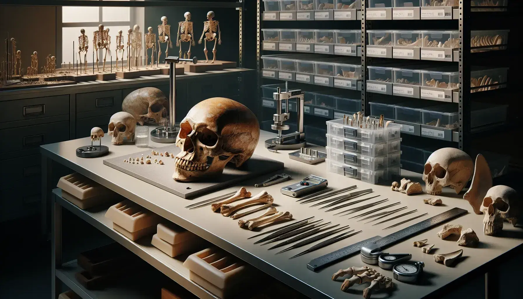 Laboratorio de antropología física con cráneo fósil humano y herramientas de medición sobre mesa, rodeado de réplicas óseas y cajas de almacenamiento en estantes.