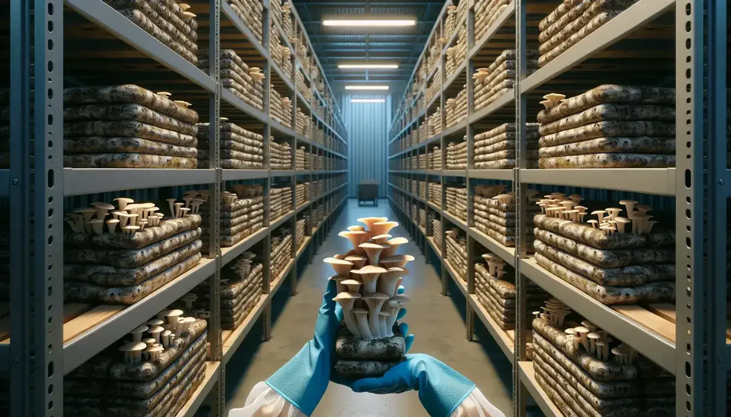 Hands in blue gloves harvest white oyster mushrooms from brown substrate blocks in a well-organized indoor farm with metal shelving and green plants.