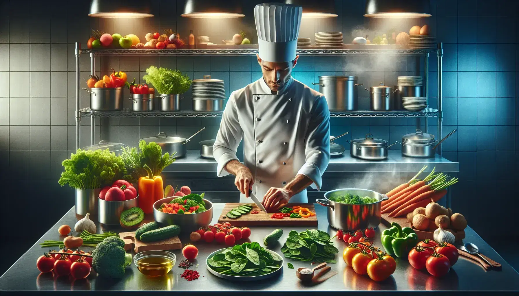 Chef profesional cortando vegetales frescos en cocina luminosa con ingredientes coloridos y utensilios de acero inoxidable.