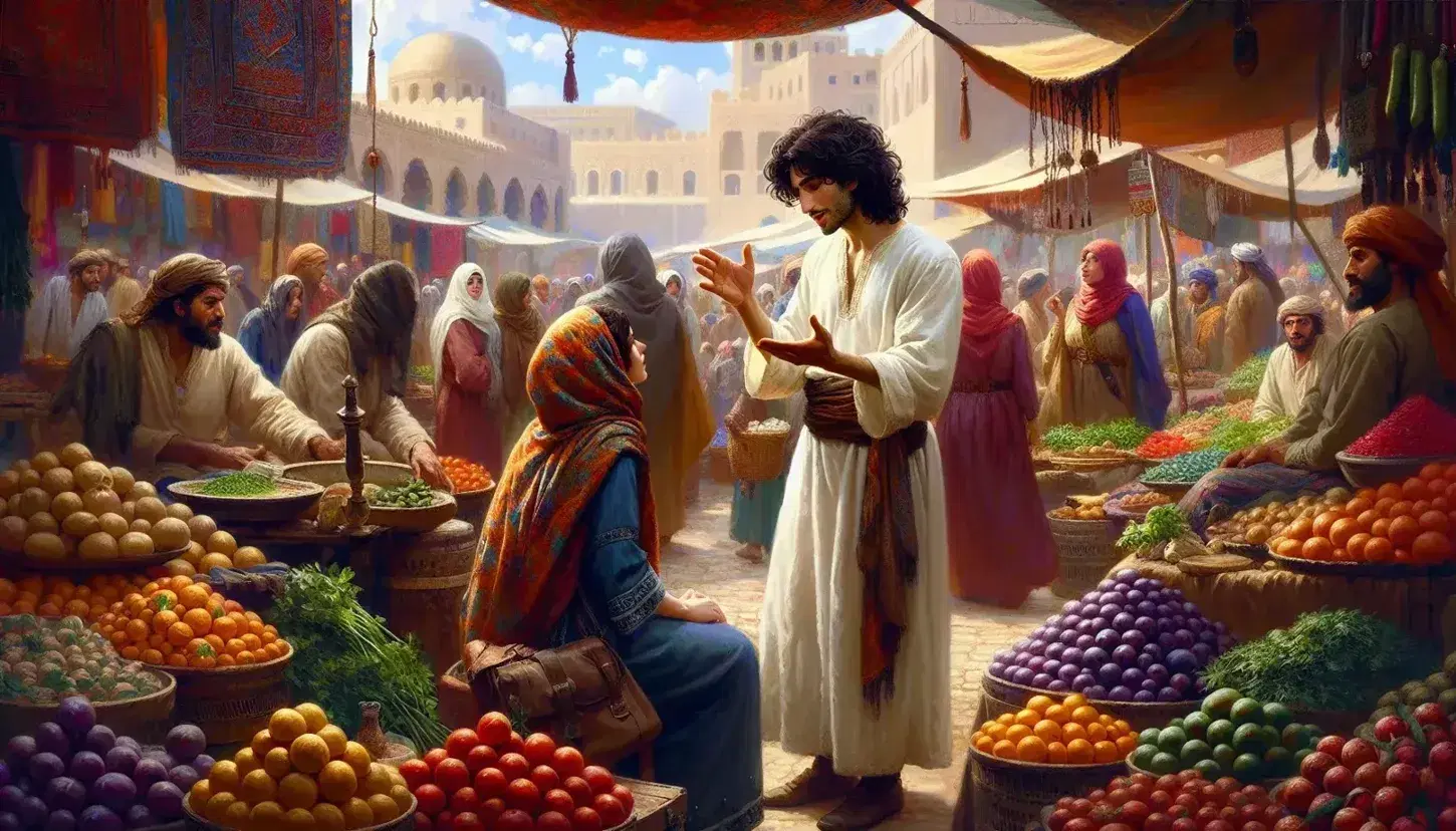 Bustling Maghreb market scene with a vendor in white tunic talking to a woman in blue dress and colorful headscarf, vibrant stalls of fruits, textiles, and lively crowd.