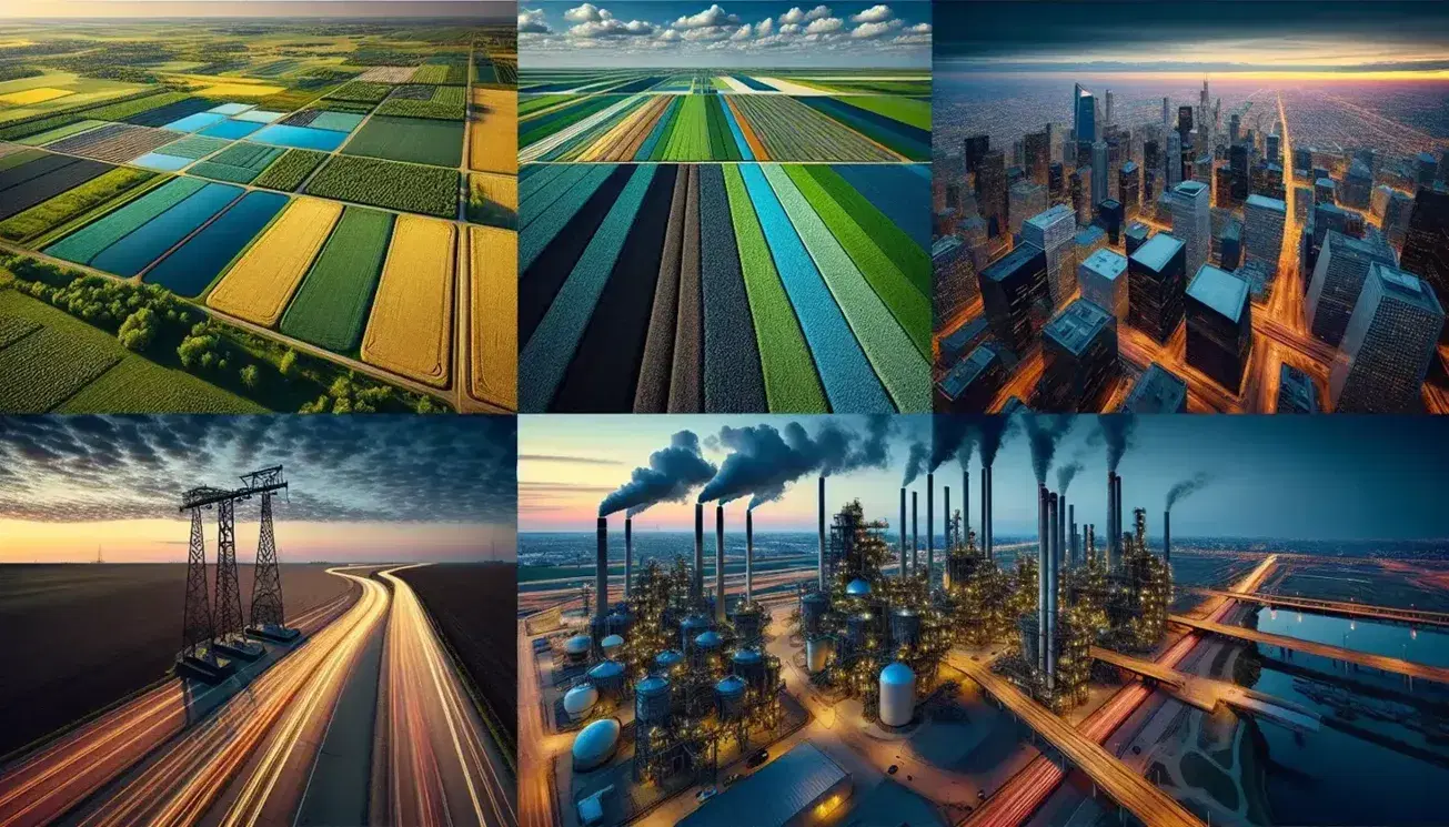 Collage fotografico con campi agricoli, città con grattacieli, complesso industriale al tramonto e risorse naturali come grano, carbone, acqua e pannello solare.