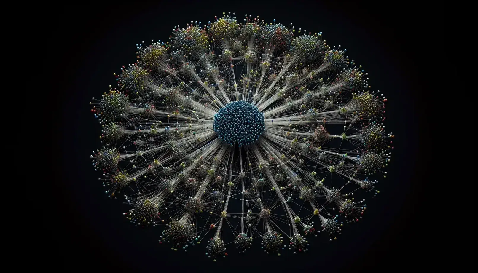 Complex network visualization with a dense cluster of blue nodes at the center connected by silver lines to peripheral nodes in green, yellow, and red.