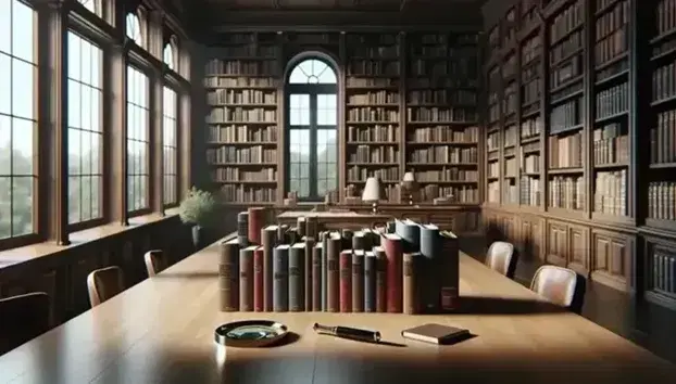 Biblioteca espaciosa y luminosa con mesa de madera y libros apilados, lupa, estanterías llenas y ventana grande con vista al cielo azul.