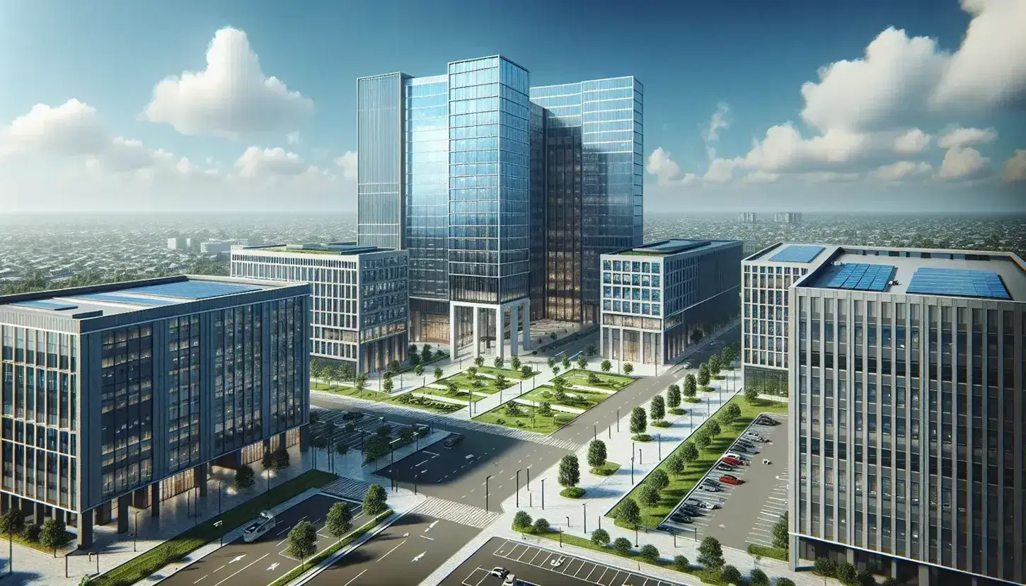 Vista aérea de complejo corporativo moderno con edificio central de vidrio, rodeado de construcciones menores, áreas verdes y estacionamiento.