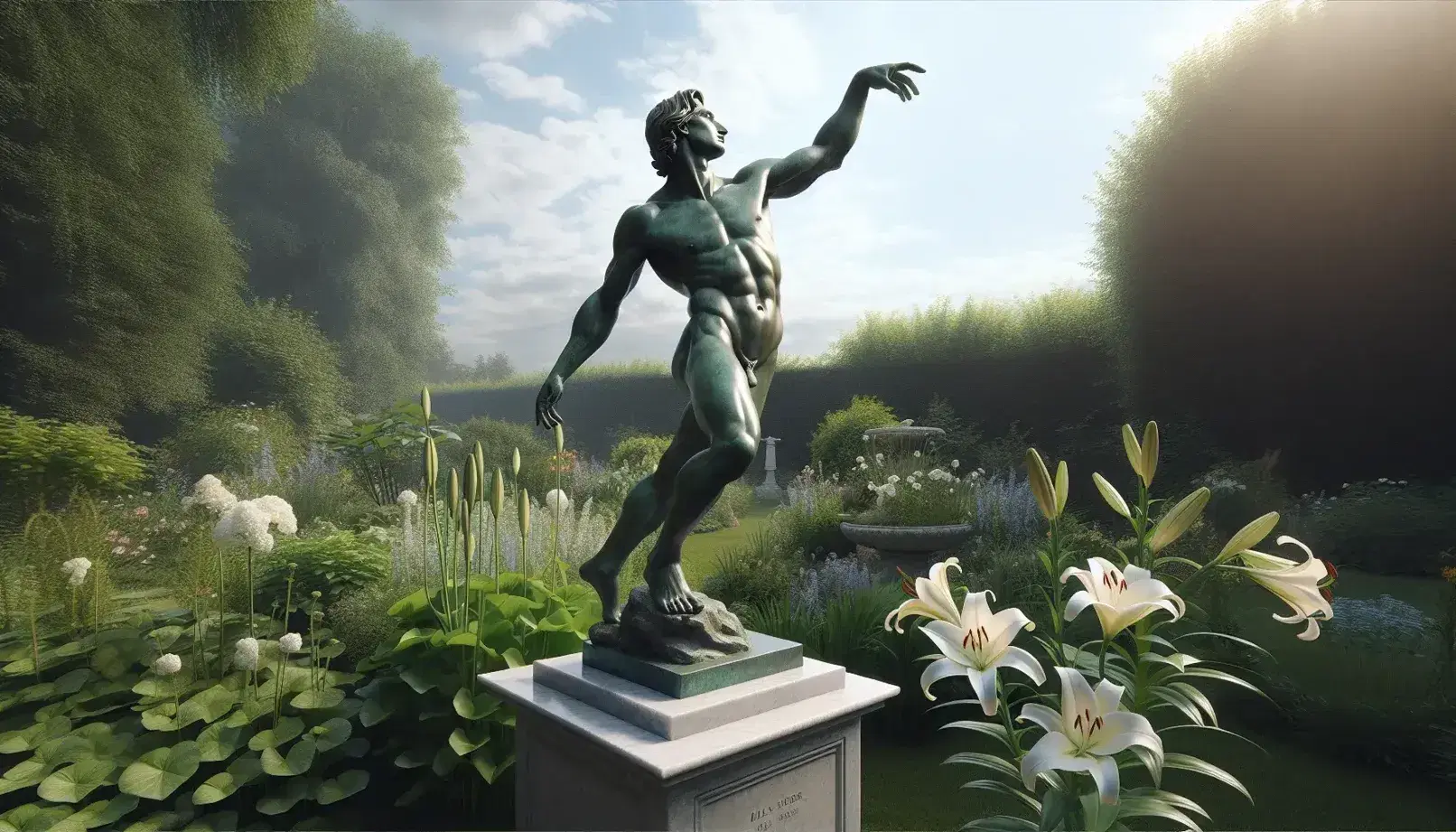 Statua in bronzo di uomo nudo in posa dinamica su piedistallo di marmo, con giardino lussureggiante e gigli bianchi in primo piano.