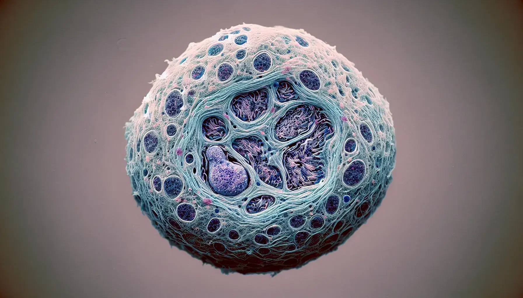 Nucleo di cellula eucariotica al microscopio con nucleolo in evidenza e cromatina visibile, colorazione blu-viola su sfondo citoplasmatico rosa-grigio.