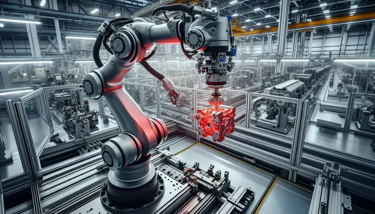 Brazo robótico industrial gris manipulando una pieza de maquinaria roja con precisión en una línea de ensamblaje automatizada, sin presencia humana.