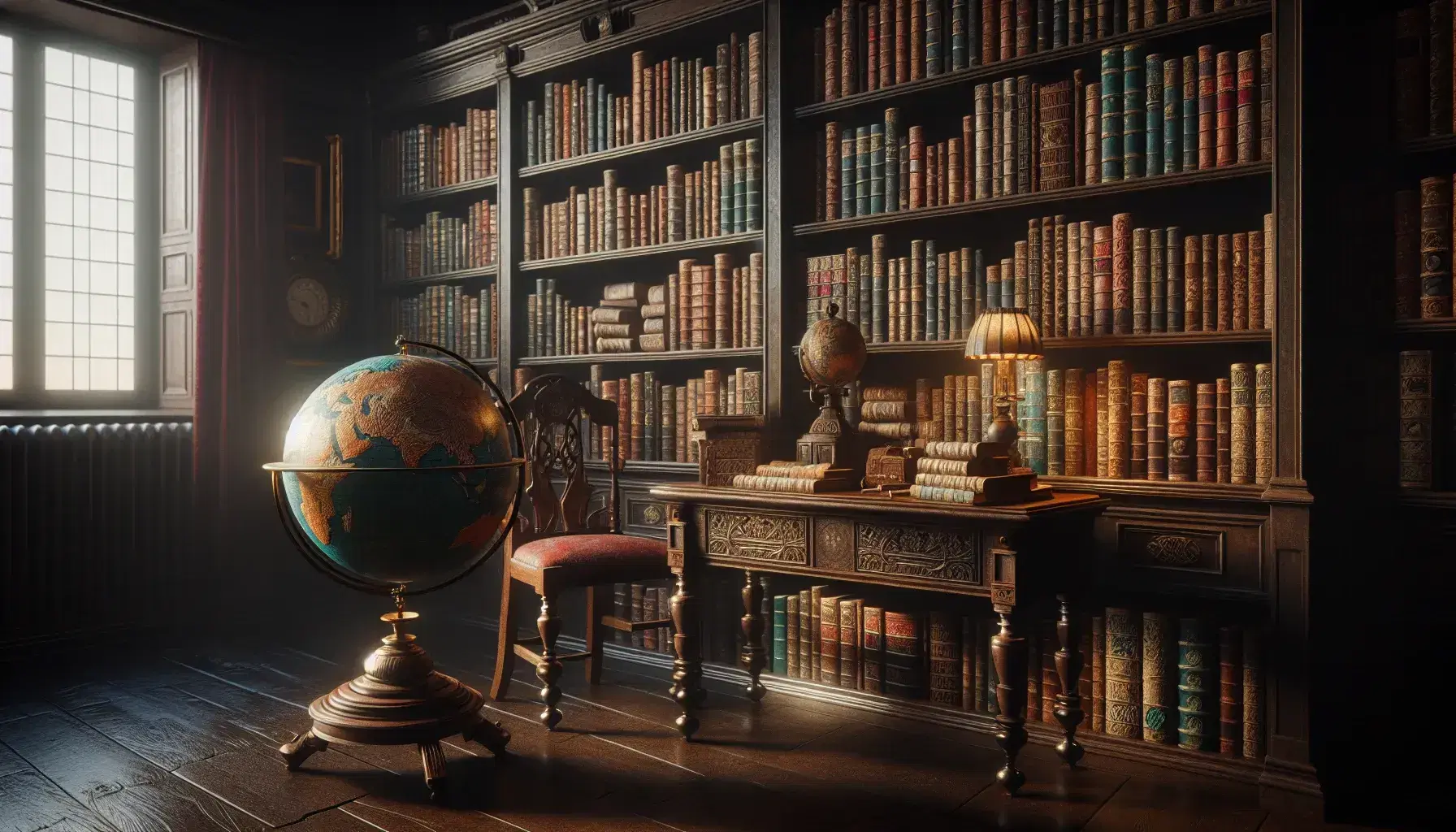 Biblioteca antigua con estantes de madera oscuros llenos de libros, mesa central con globo terráqueo y silla con cojín rojo, iluminada por lámpara de pie.