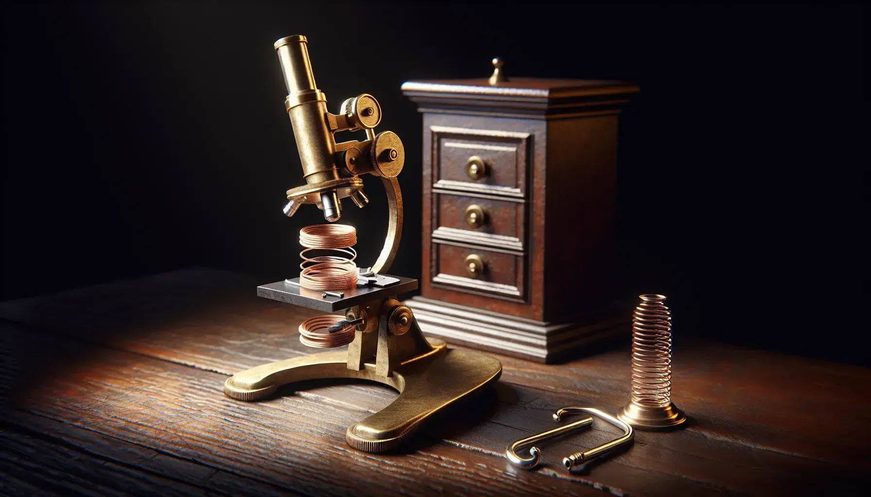 Vintage brass compound microscope on a mahogany table with a cork tissue sample, beside a coiled metal spring, in a scholarly setting.