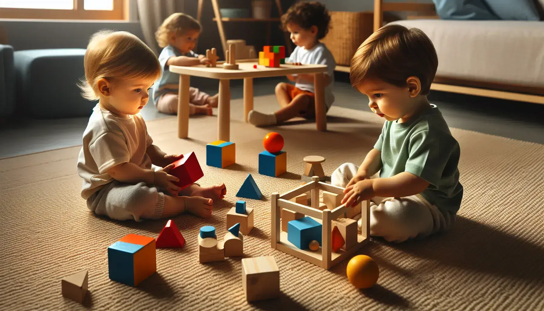Niños de diversas edades jugando y aprendiendo con juguetes educativos en una habitación iluminada naturalmente, promoviendo el desarrollo cognitivo infantil.