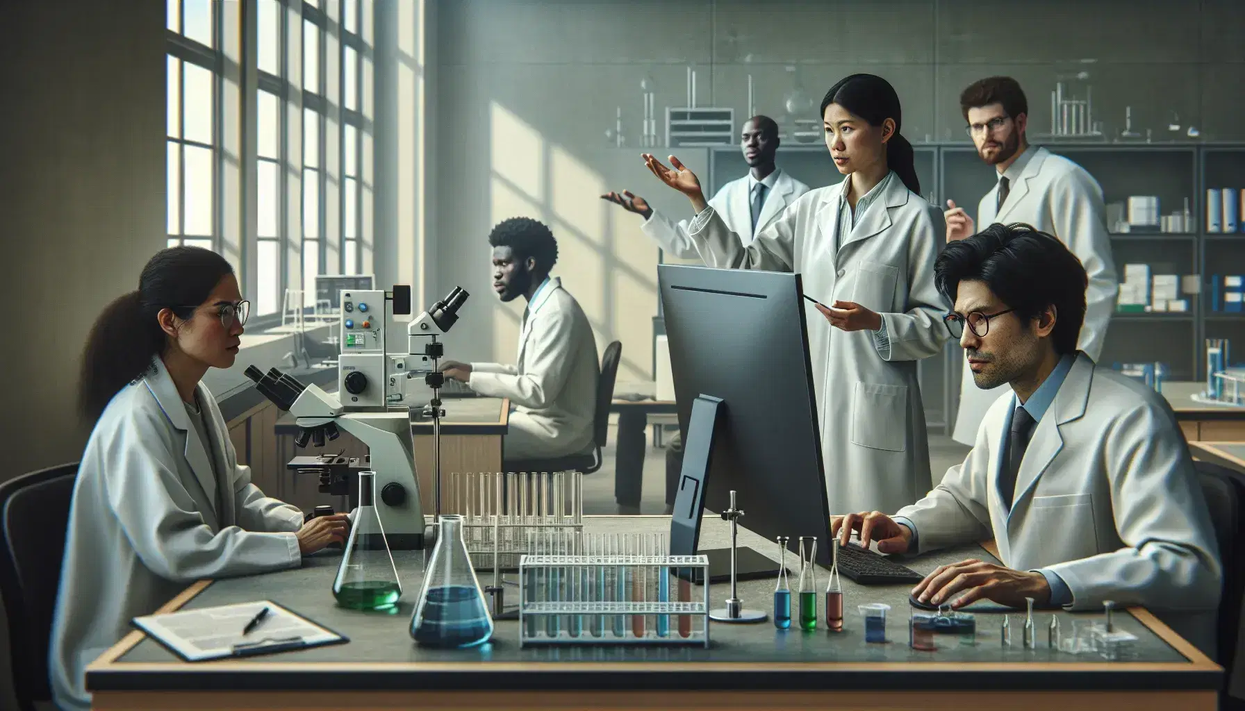 Laboratory with multiethnic researchers: Hispanic man at the computer, Caucasian woman adjusts instrumentation, African explains to Asian woman, scientific instruments on the table.