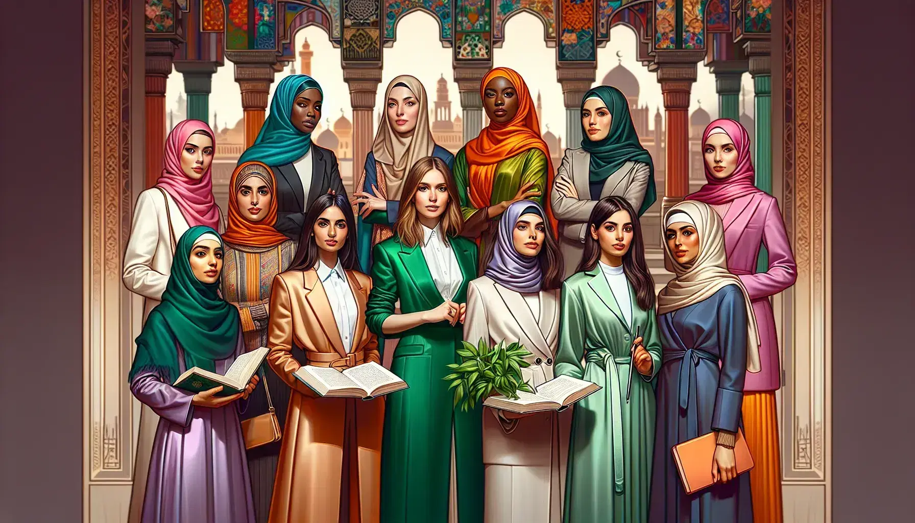 Diverse group of confident women, various ethnicities, in traditional and modern Islamic attire, holding symbols of education and growth, with an Islamic art backdrop.
