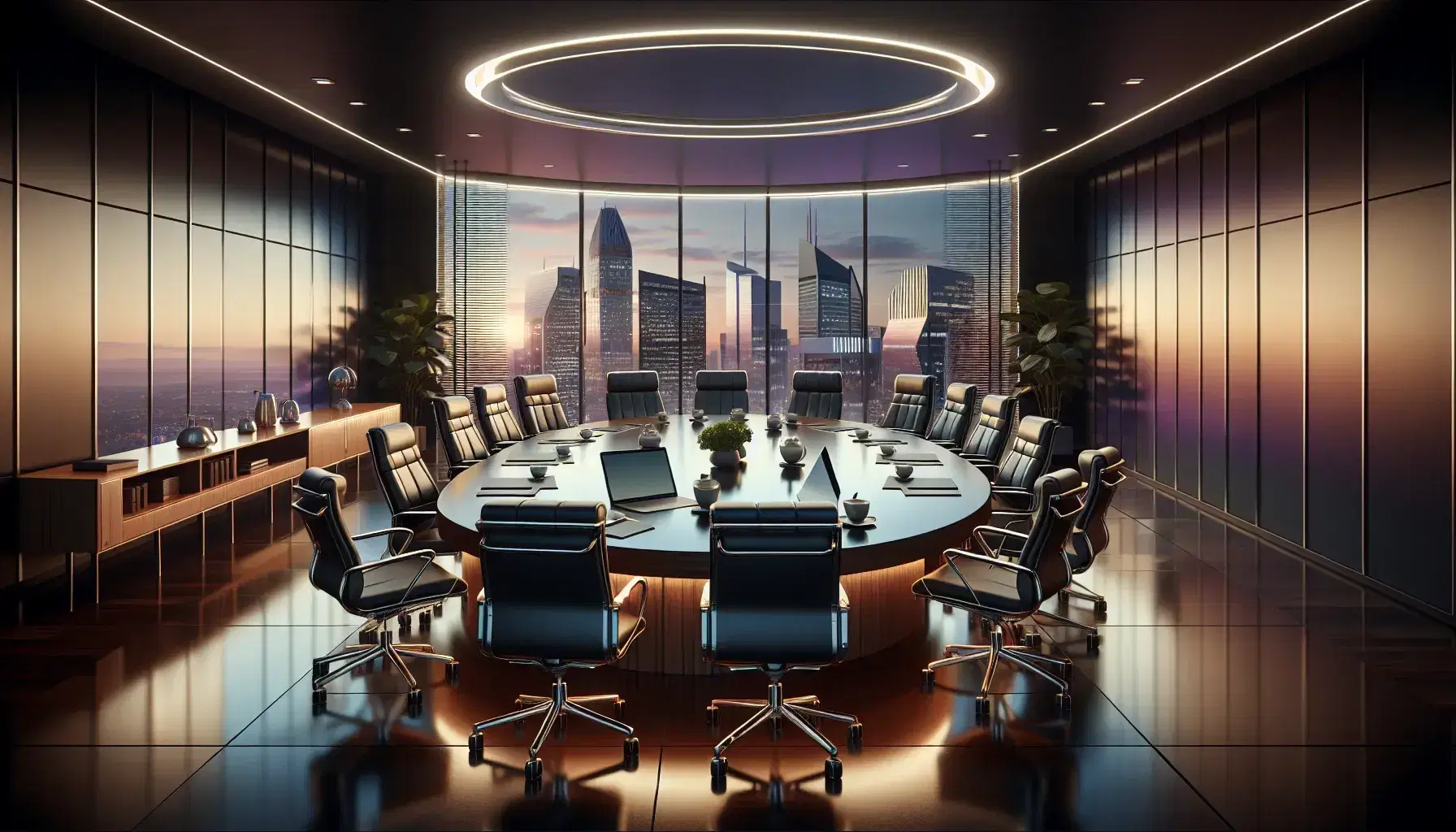 Modern boardroom with oval wooden table, black leather chairs, laptops, and a cityscape view through panoramic window at sunrise or sunset.