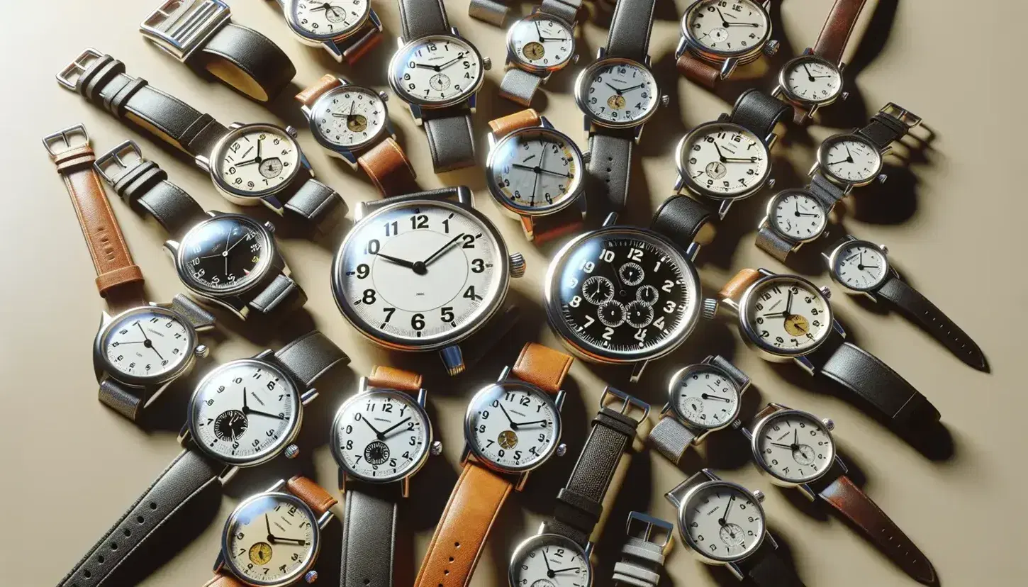 Collezione di orologi analogici con cinturini in pelle, metallo e tessuto e quadranti di varie dimensioni e colori su sfondo neutro.