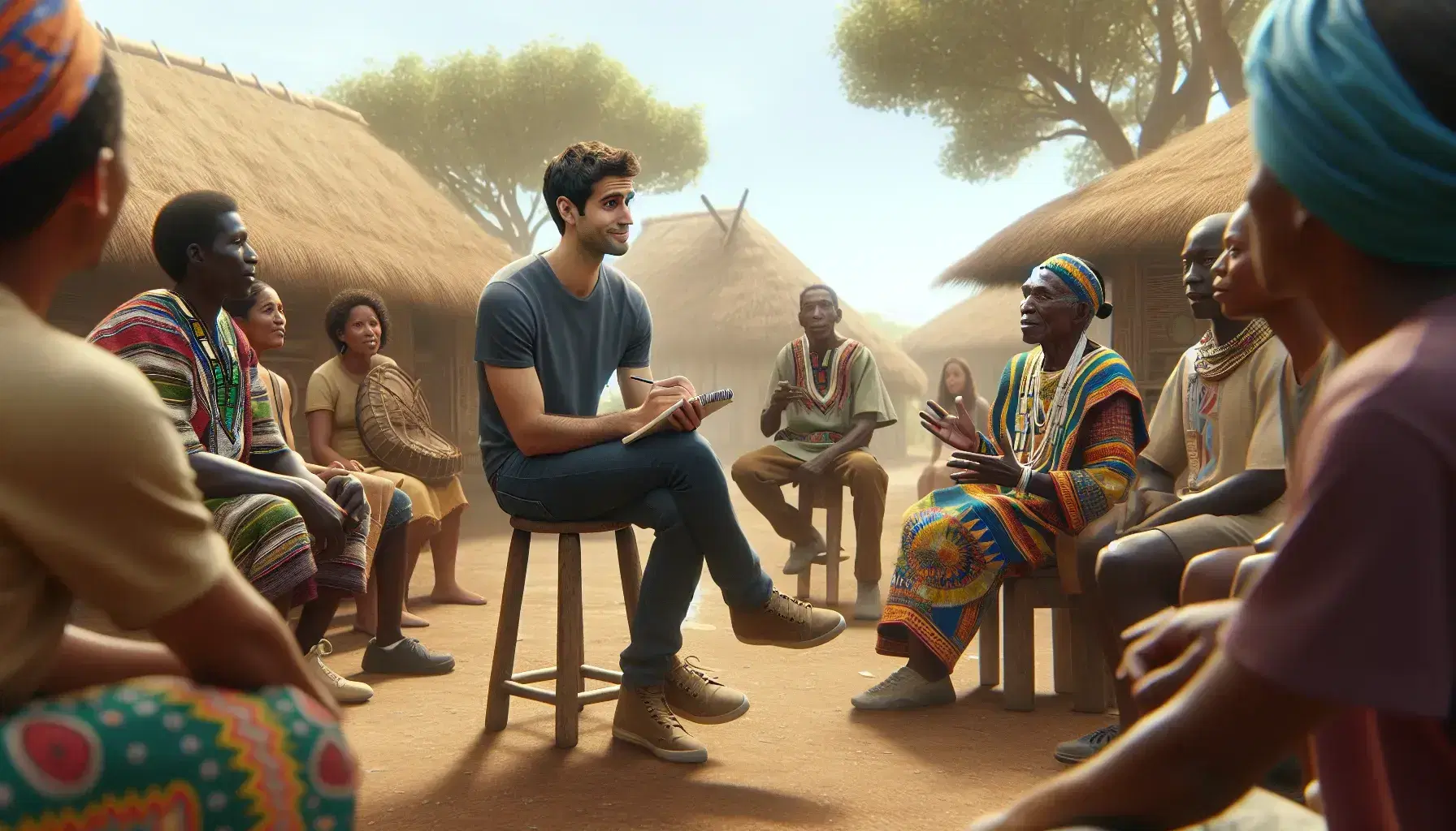 Diverse group of people conversing outdoors; Middle Eastern man takes notes, Native American speaks animatedly, houses with thatched roofs and blue sky.