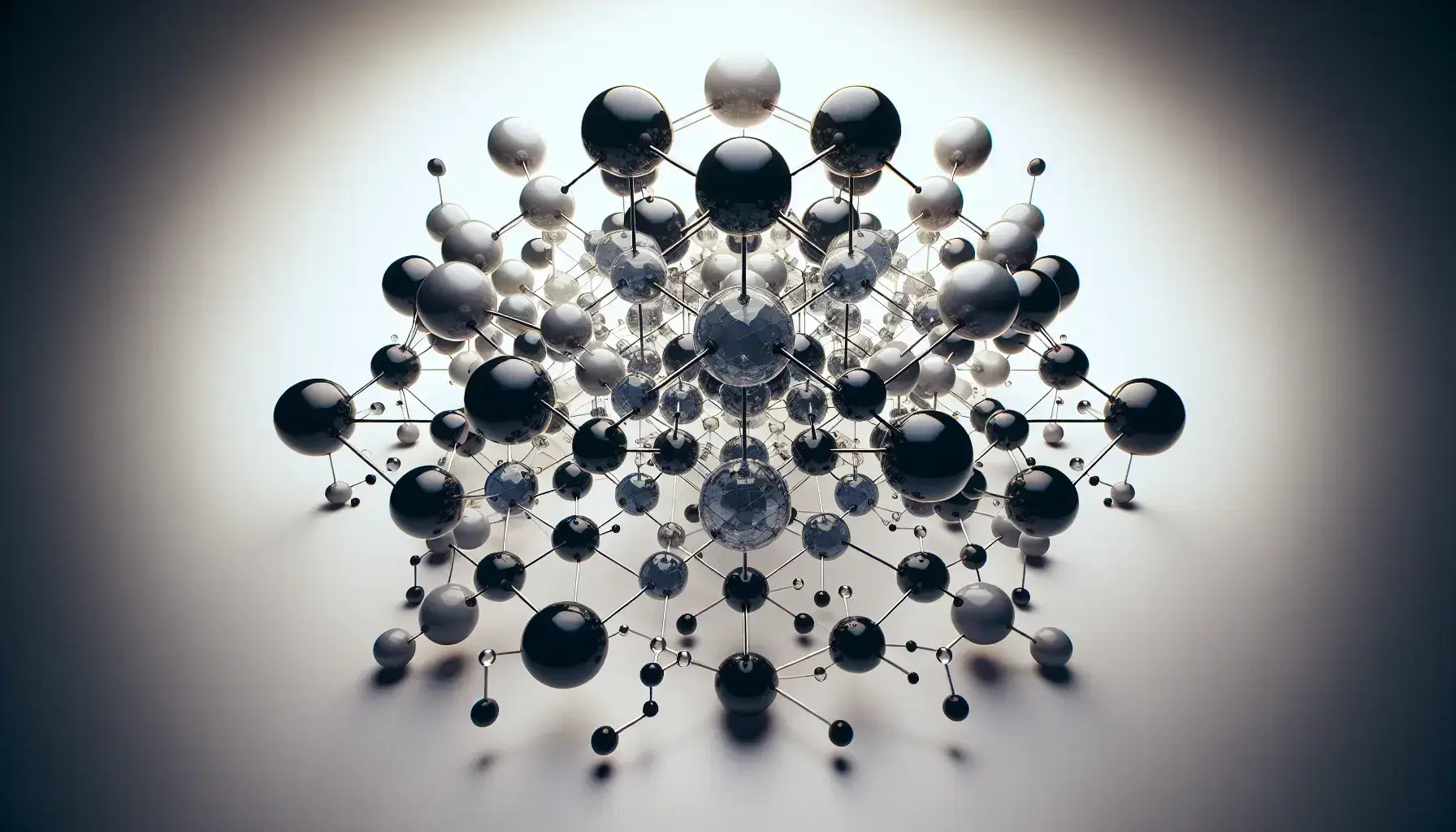 Estructura molecular tridimensional con esferas de diferentes tamaños y colores conectadas por varillas, simulando una red cristalina sobre fondo blanco.