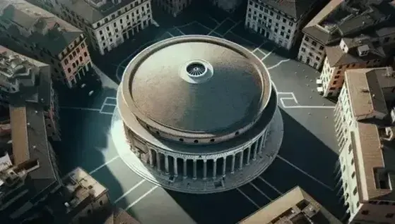 Vista aérea del Panteón de Roma con su cúpula y óculo central, rodeado por columnas y plaza adoquinada, resaltando su simetría y texturas antiguas.