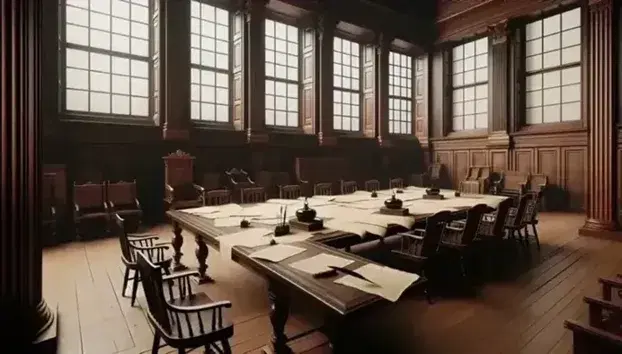Historic room resembling an 18th century legislative chamber with mahogany table, chairs, scrolls and inkwells on a table.