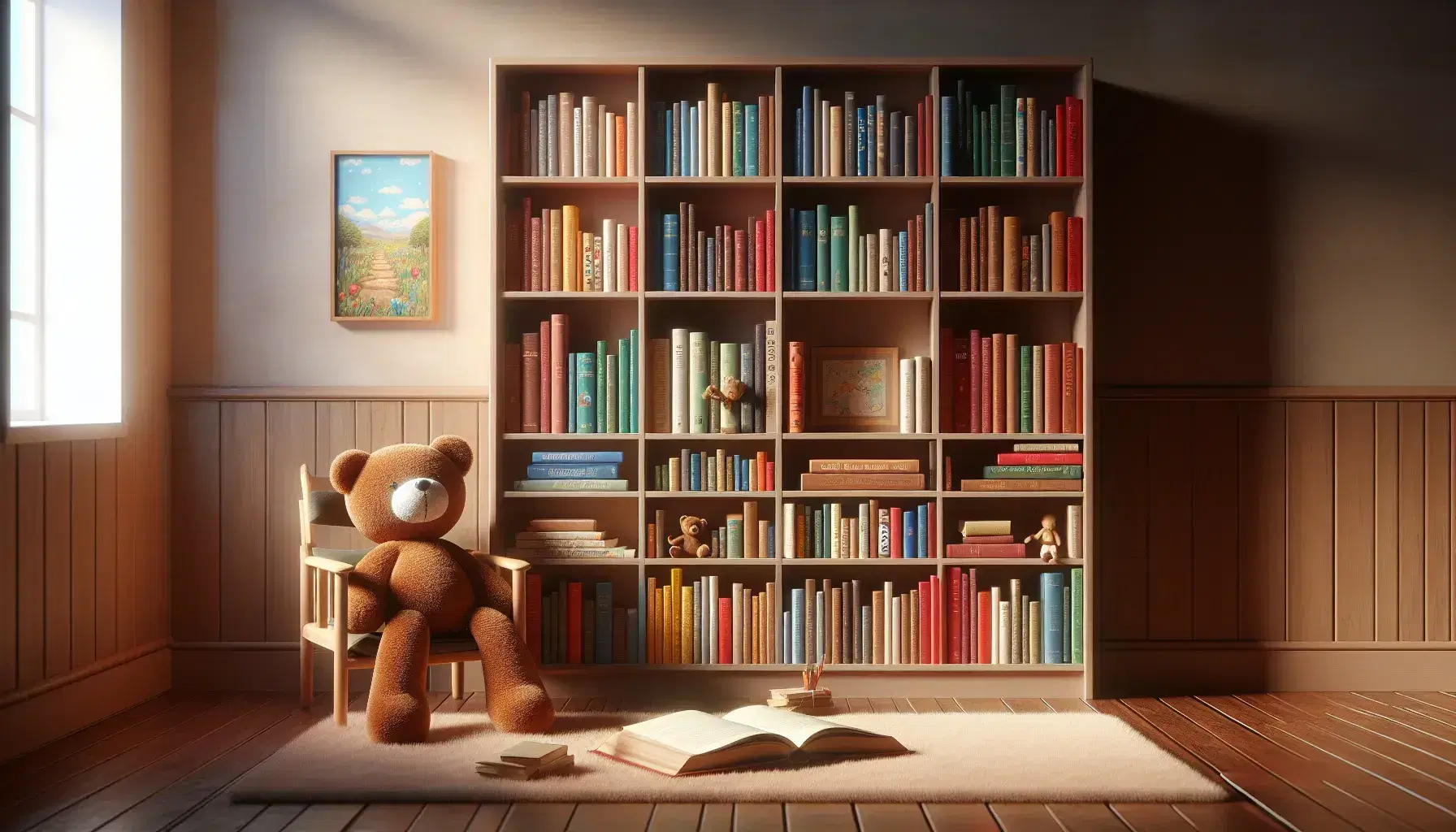 Estantería de madera repleta de libros coloridos con un oso de peluche en silla y alfombra con libro ilustrado, ambiente cálido y acogedor.