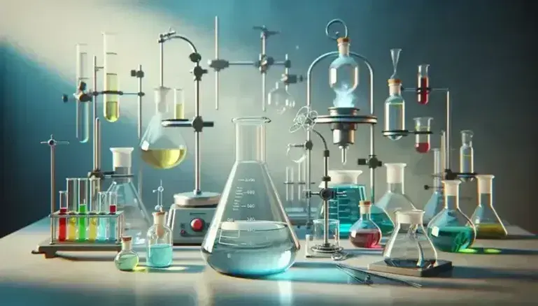 Laboratorio de química con matraces y tubos de ensayo con líquidos de colores, balanza analítica y mechero Bunsen encendido, sin textos visibles.