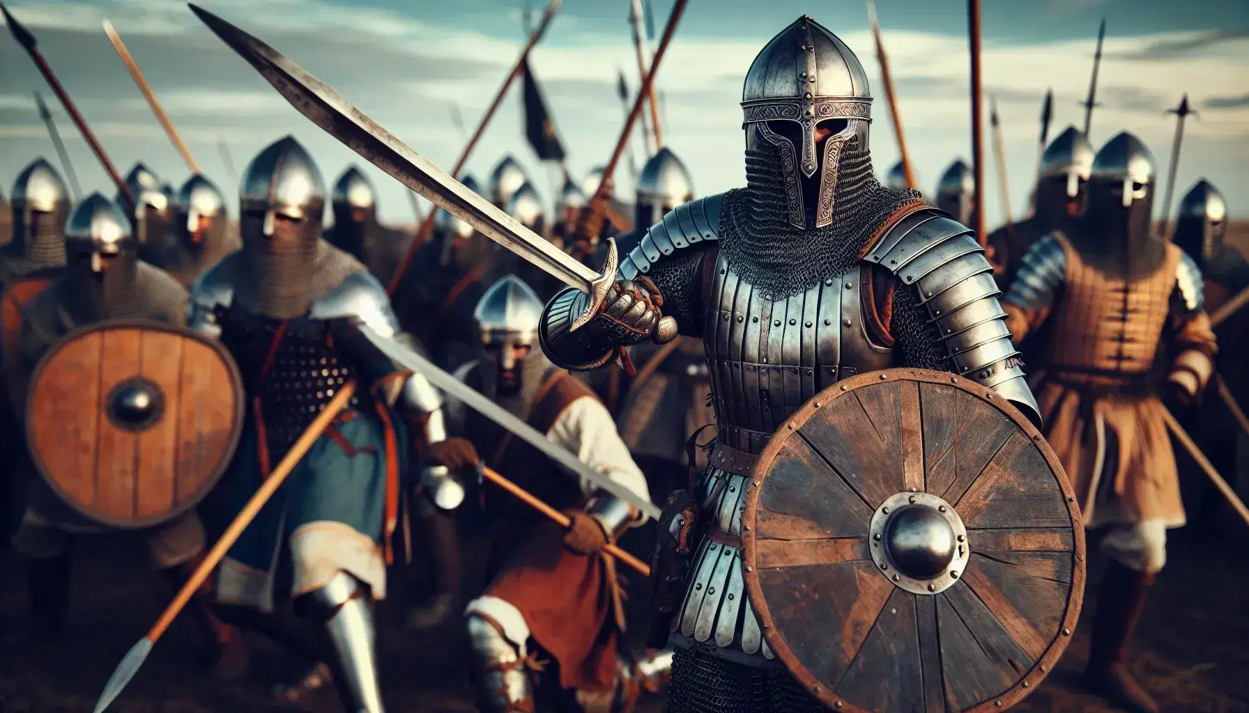 Guerrafondaio bizantino in armatura lamellare con spada e scudo su campo di battaglia medievale, circondato da combattenti variopinti.