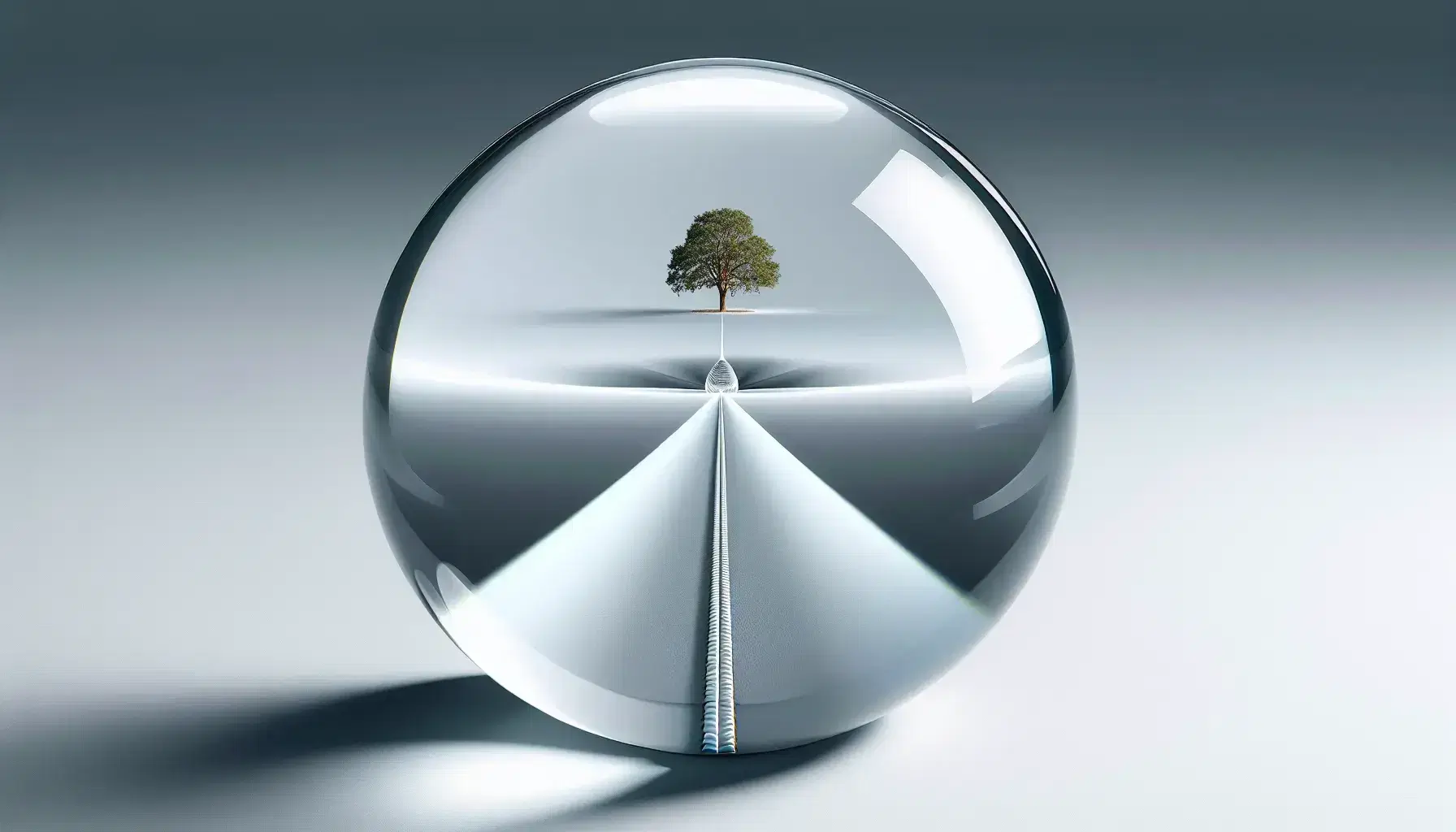 Convex lens refracting light to form a sharp focal point with an inverted real image of a tree against a gradient blue to white background.