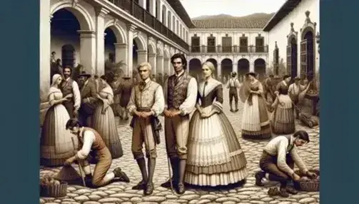 Escena de época colonial con hombre y mujer vestidos elegantemente en patio de hacienda, rodeados de sirvientes trabajando bajo un cielo despejado.