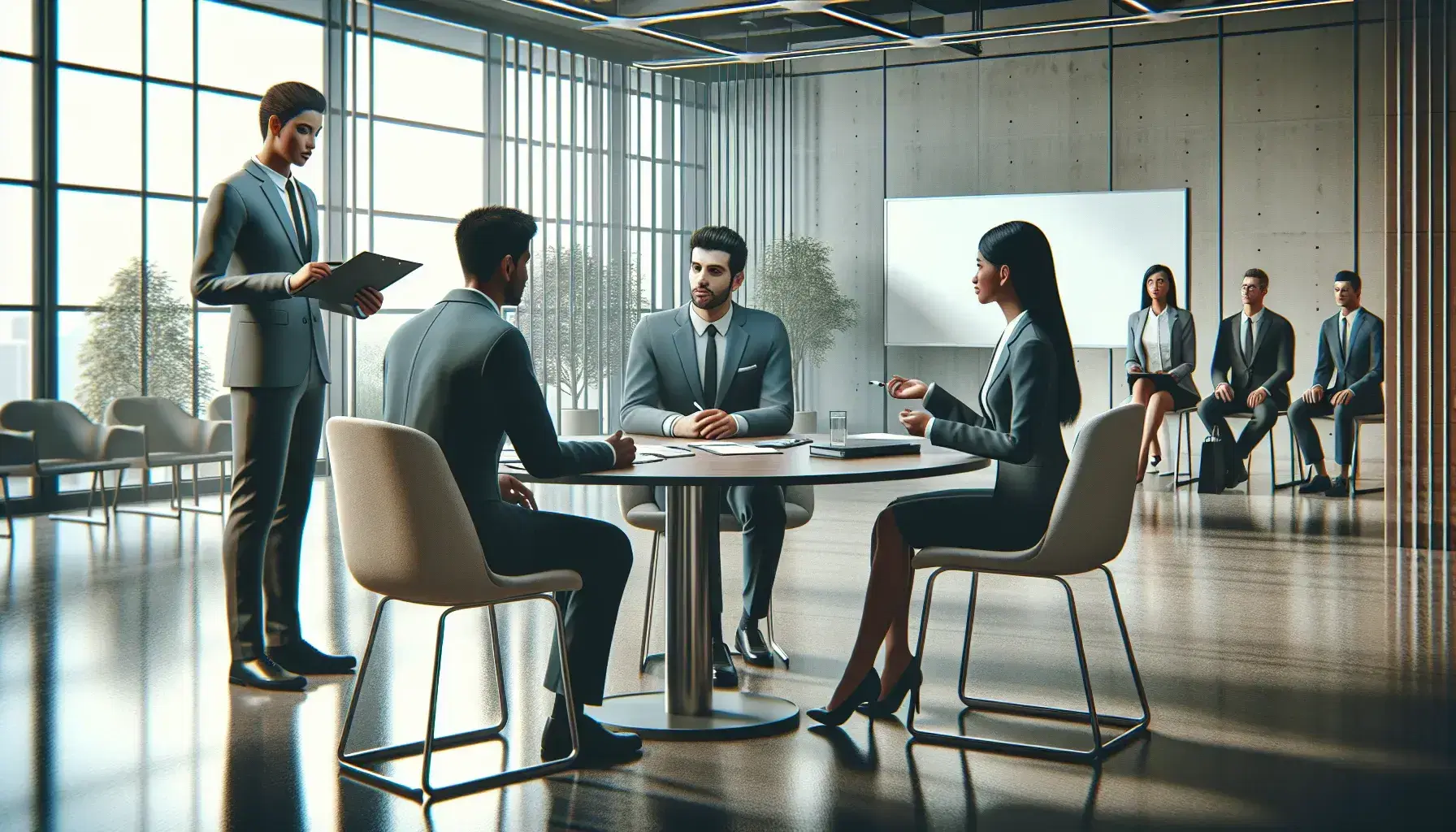 Corporate office setting with a job interview in progress, candidates waiting, and a man by a whiteboard in a bright, modern room with large windows.