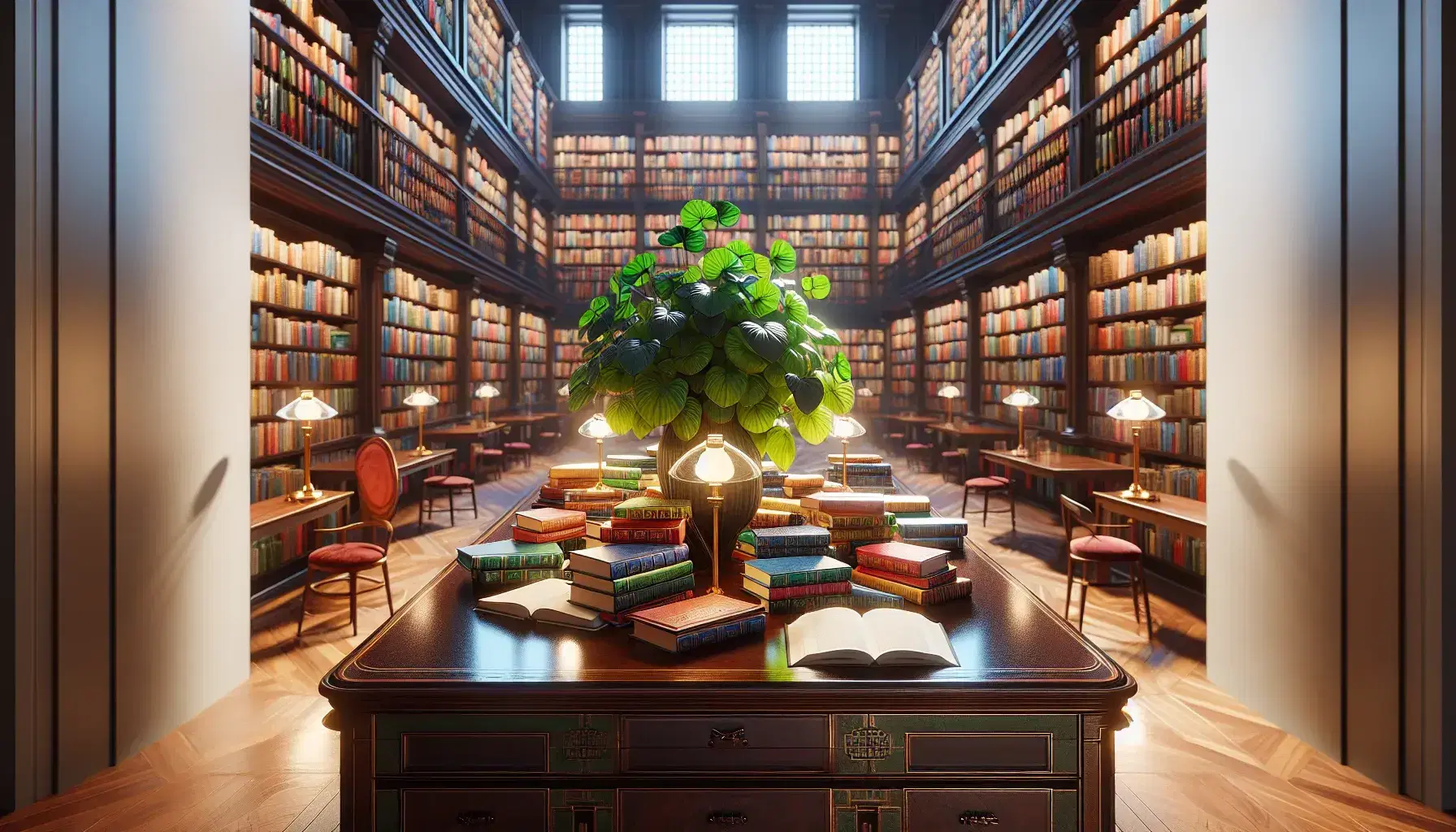 Biblioteca tranquilla con scrivania in legno, libri colorati, scaffali pieni, lampade da tavolo, pianta verde e sedia con cuscino rosso.
