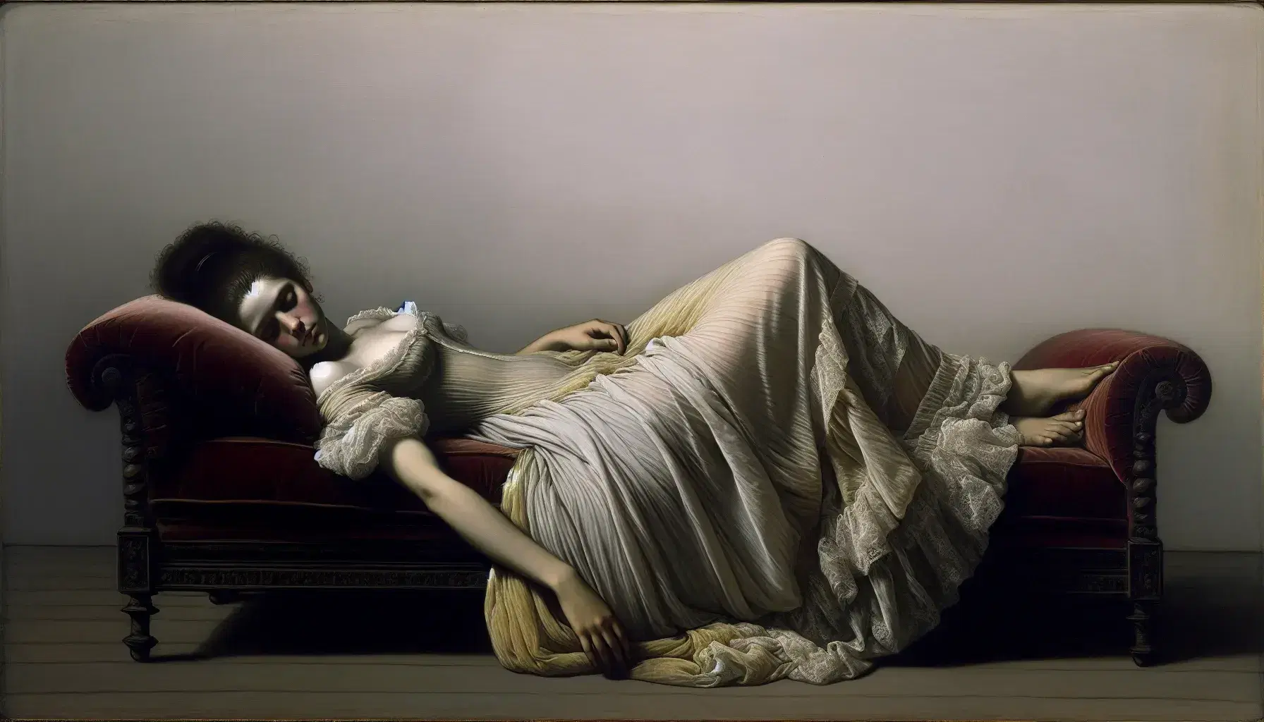 Ritratto di "La maja vestida" di Francisco Goya, donna distesa in abito chiaro con dettagli in pizzo su divano rosso, sfondo neutro.