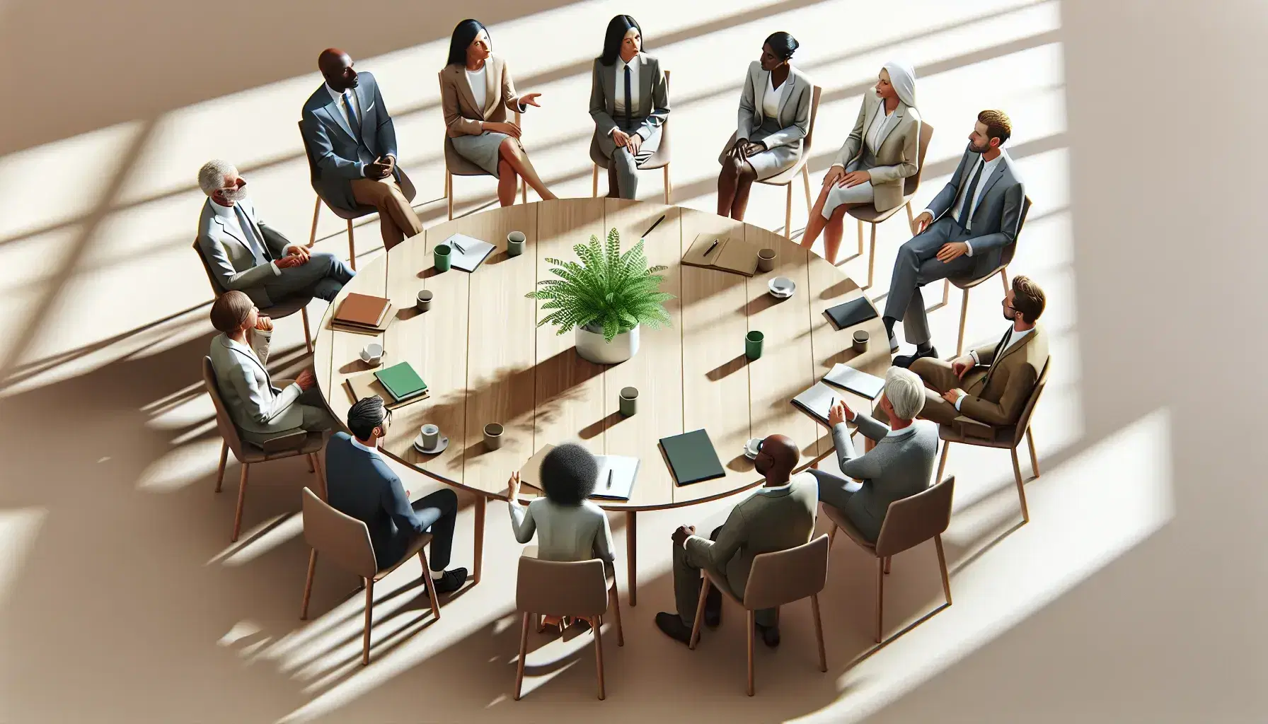 Grupo diverso de profesionales en reunión alrededor de una mesa redonda con una planta verde, en un ambiente de oficina acogedor y bien iluminado.