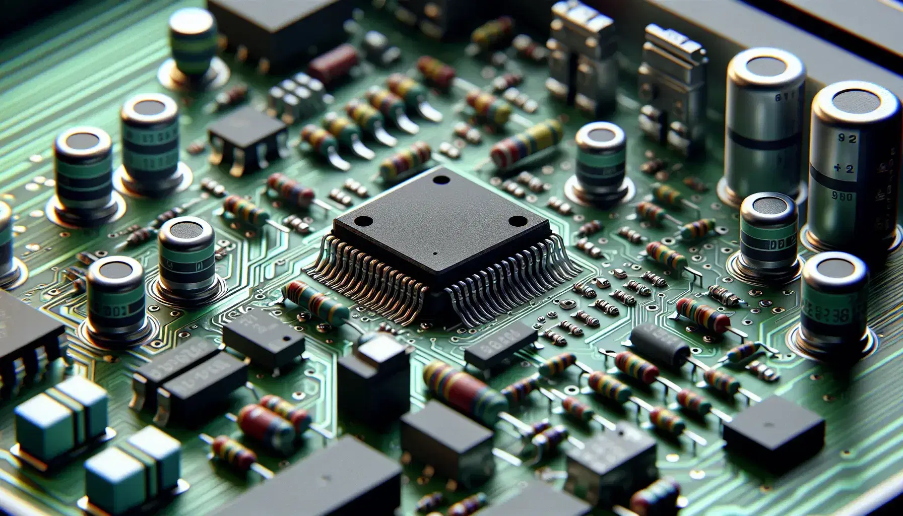 Close-up of an electronic board with black integrated circuit, colored resistors, metal capacitors and diodes, on green printed circuit board.