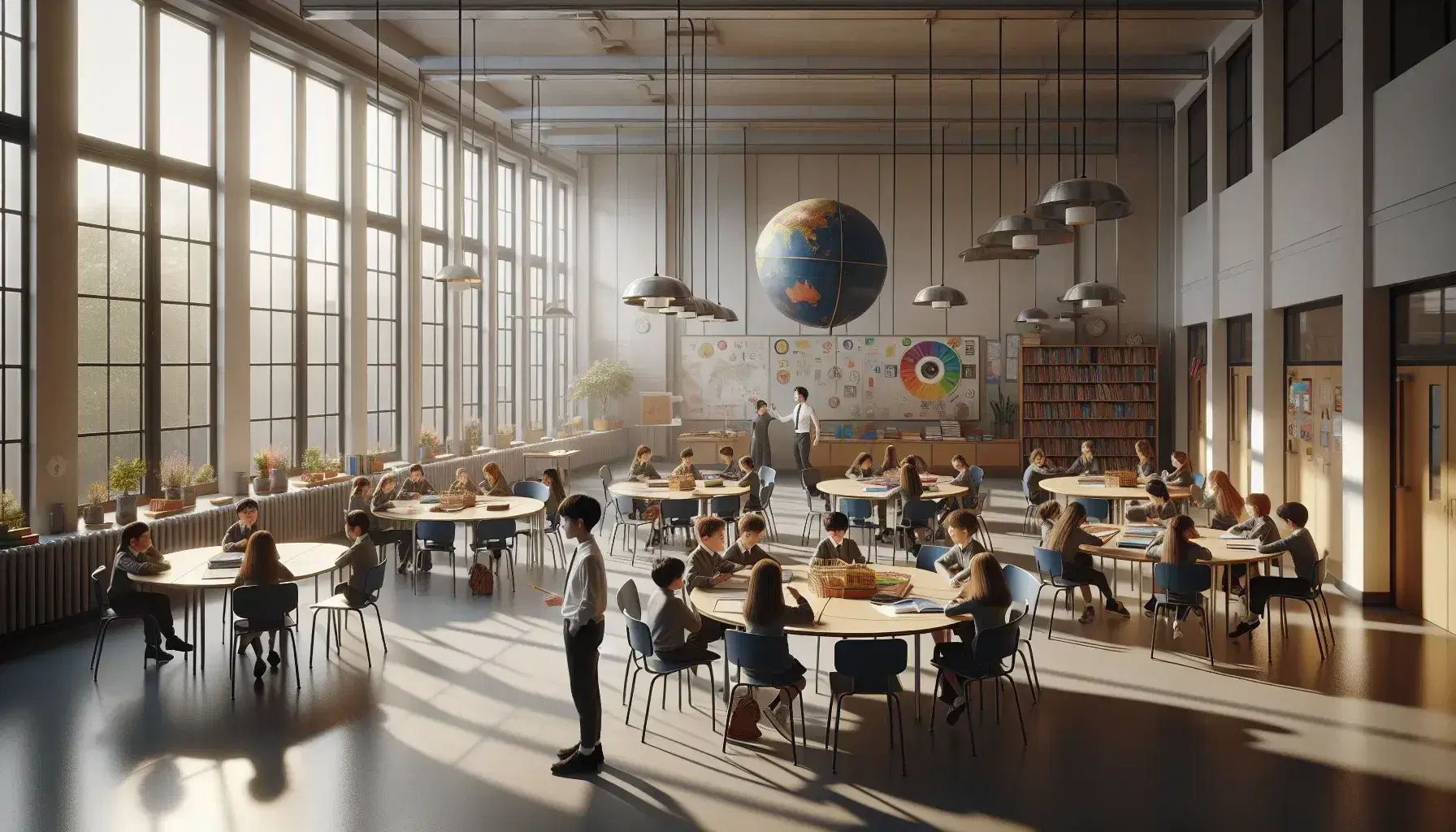 Aula escolar luminosa con estudiantes de diversas edades sentados en mesas redondas, un profesor interactuando con un globo terráqueo y estanterías con libros al fondo.