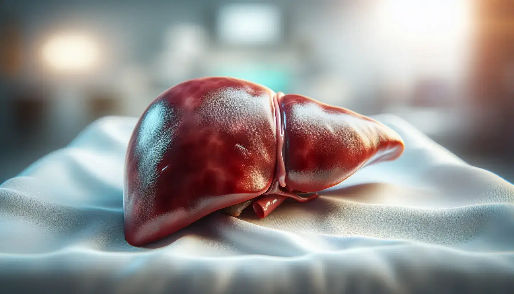 Healthy and vibrant human liver on white surgical drape, deep red-brown color, visible lobulated texture, in blurry surgical environment.