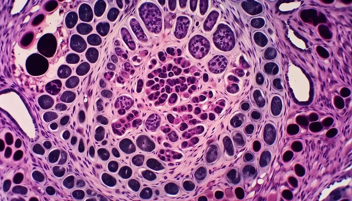 Vista microscópica de tejido celular humano con células en tonos de rosa y morado, núcleos oscuros y citoplasma claro, sin texto.