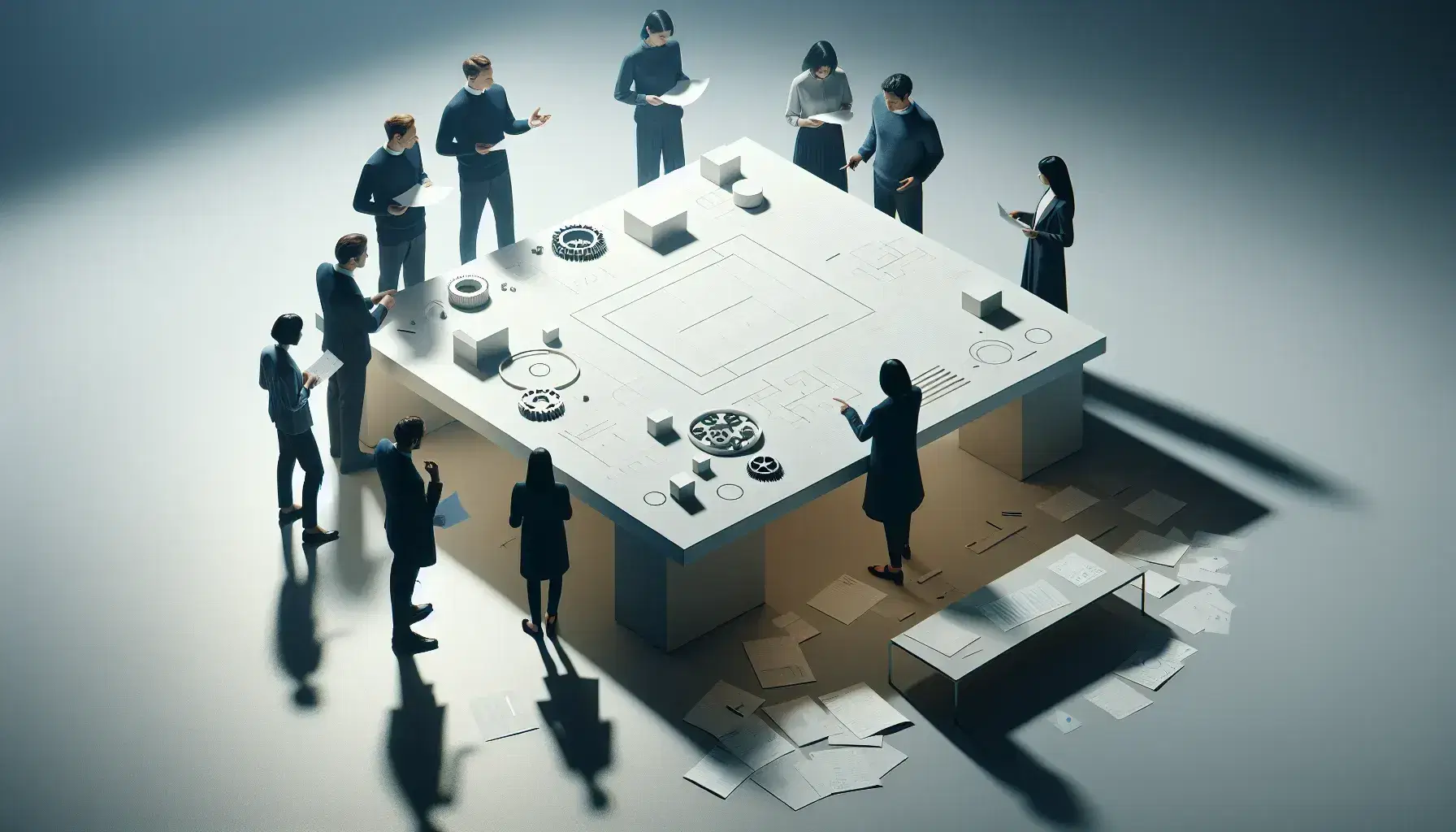 Grupo de cinco profesionales colaborando alrededor de una mesa con papeles, un tablero blanco y modelos de engranajes, en un entorno de oficina iluminado.