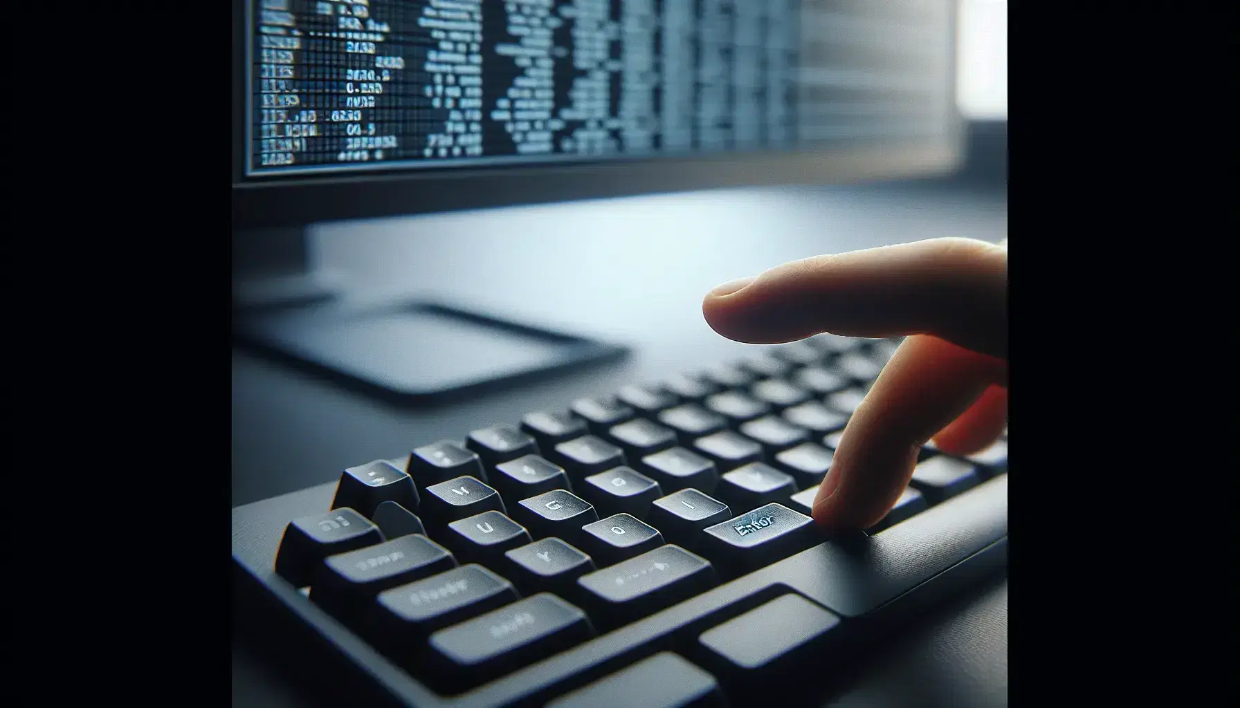 Close up of a QWERTY keyboard with index finger pressing the 'Enter' key, blurred background with screen and matrix of numbers.