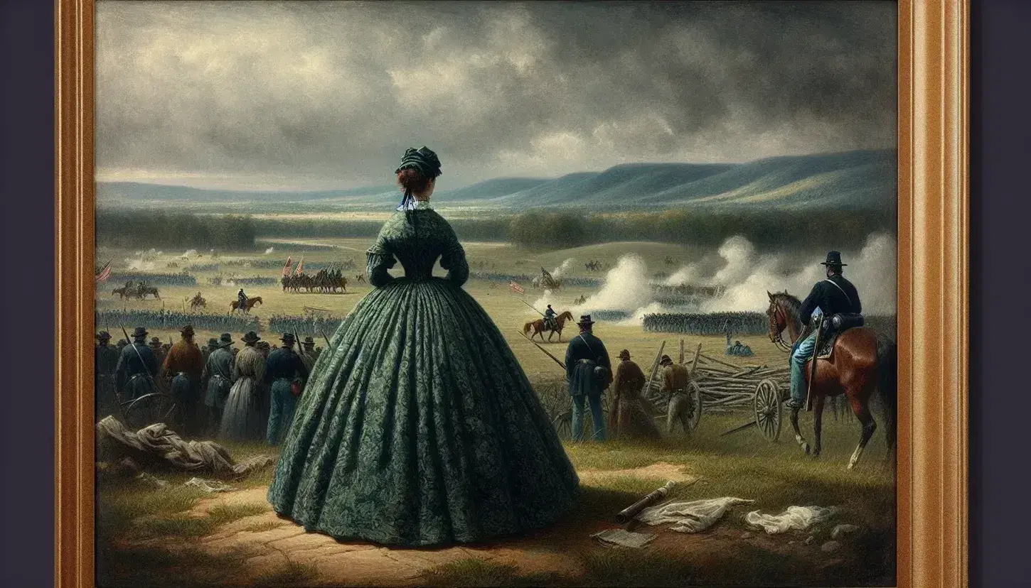 Civil War era woman in green dress gazes over a smoke-filled battlefield with soldiers in blue and gray, under a stormy sky.
