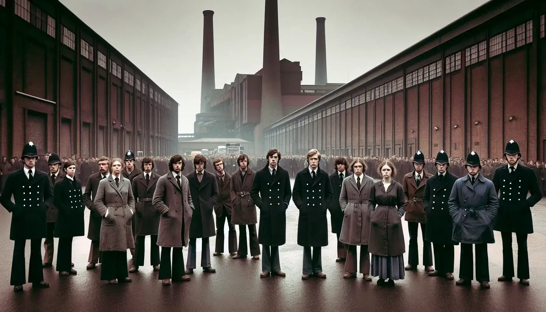 1970s UK picket line with determined workers in dark attire and police officers, against a backdrop of a silent, red brick industrial factory.