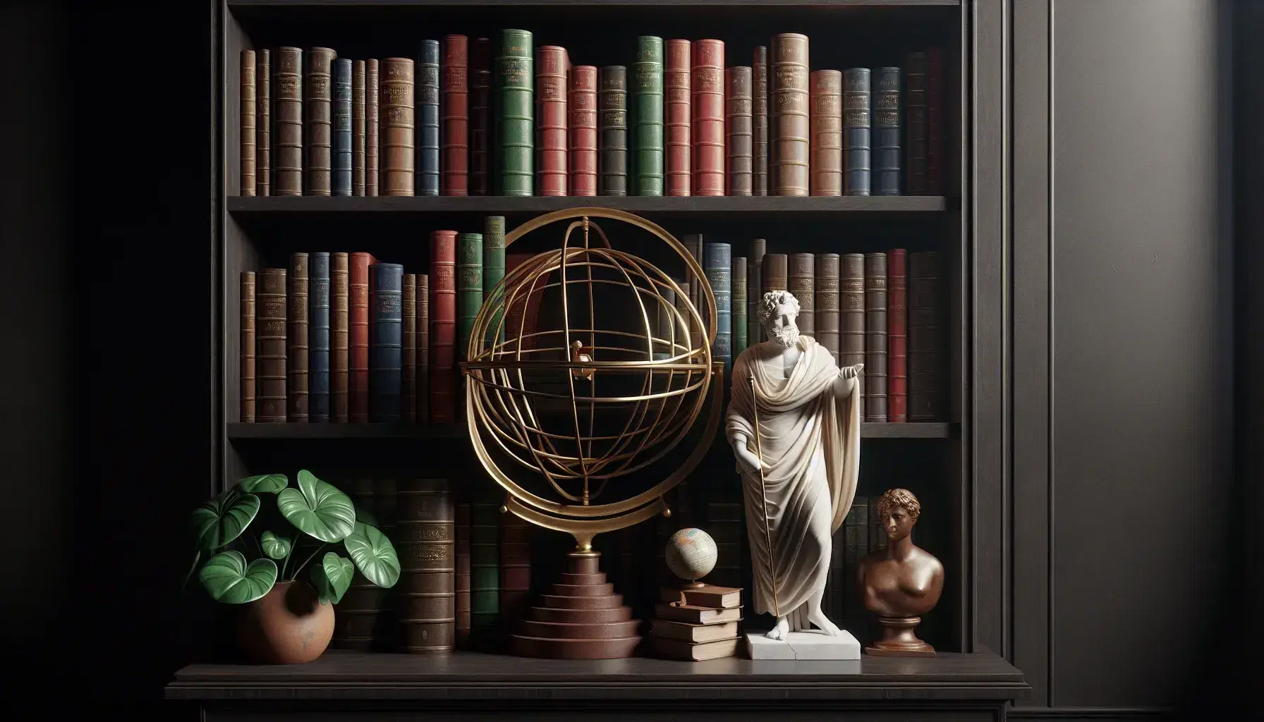 Librería de madera oscura repleta de libros de tapa dura, esfera armilar dorada, estatua de filósofo y planta verde en maceta marrón.